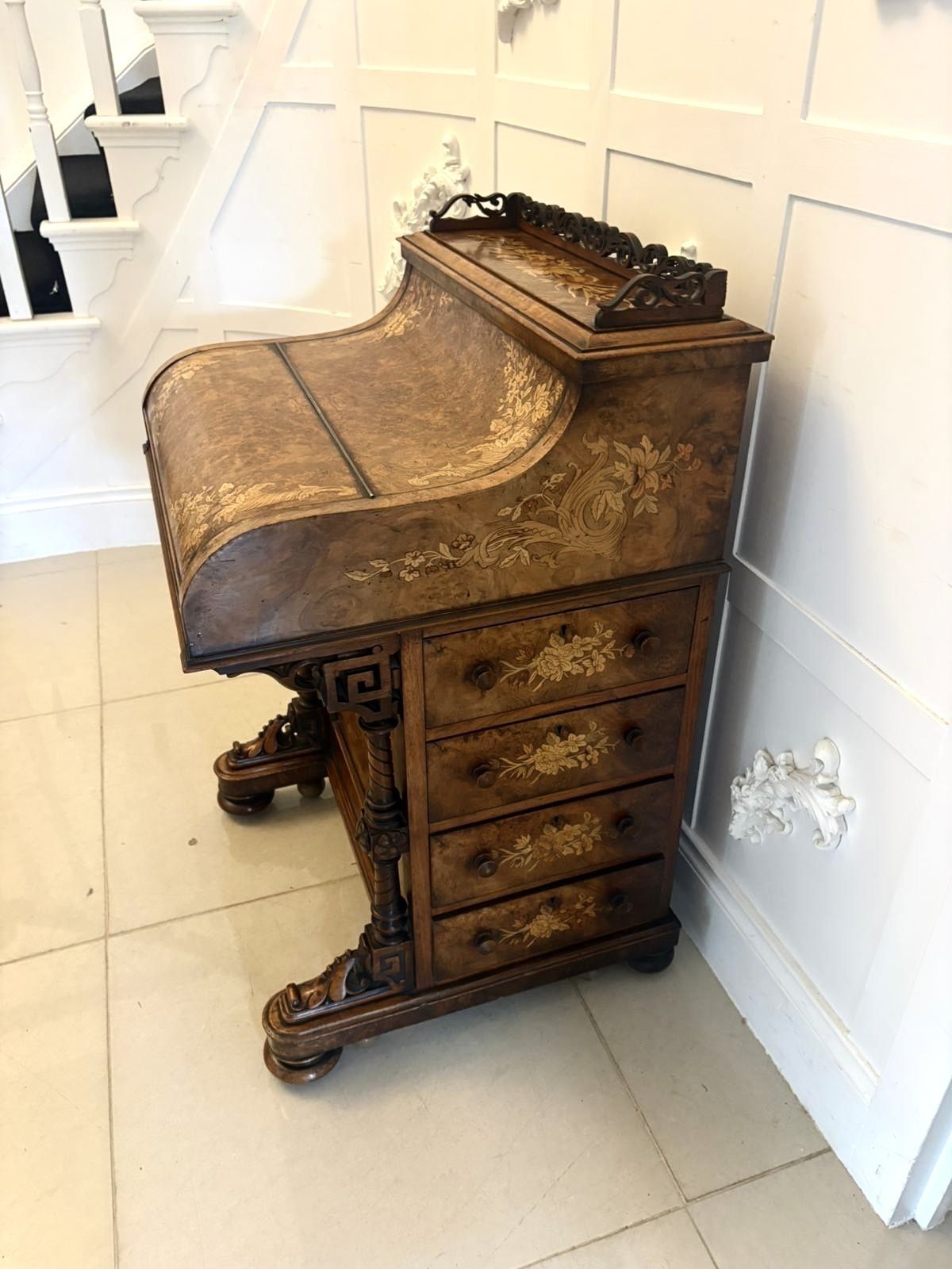 Antique 19th Century Burr Walnut Floral Marquetry Davenport