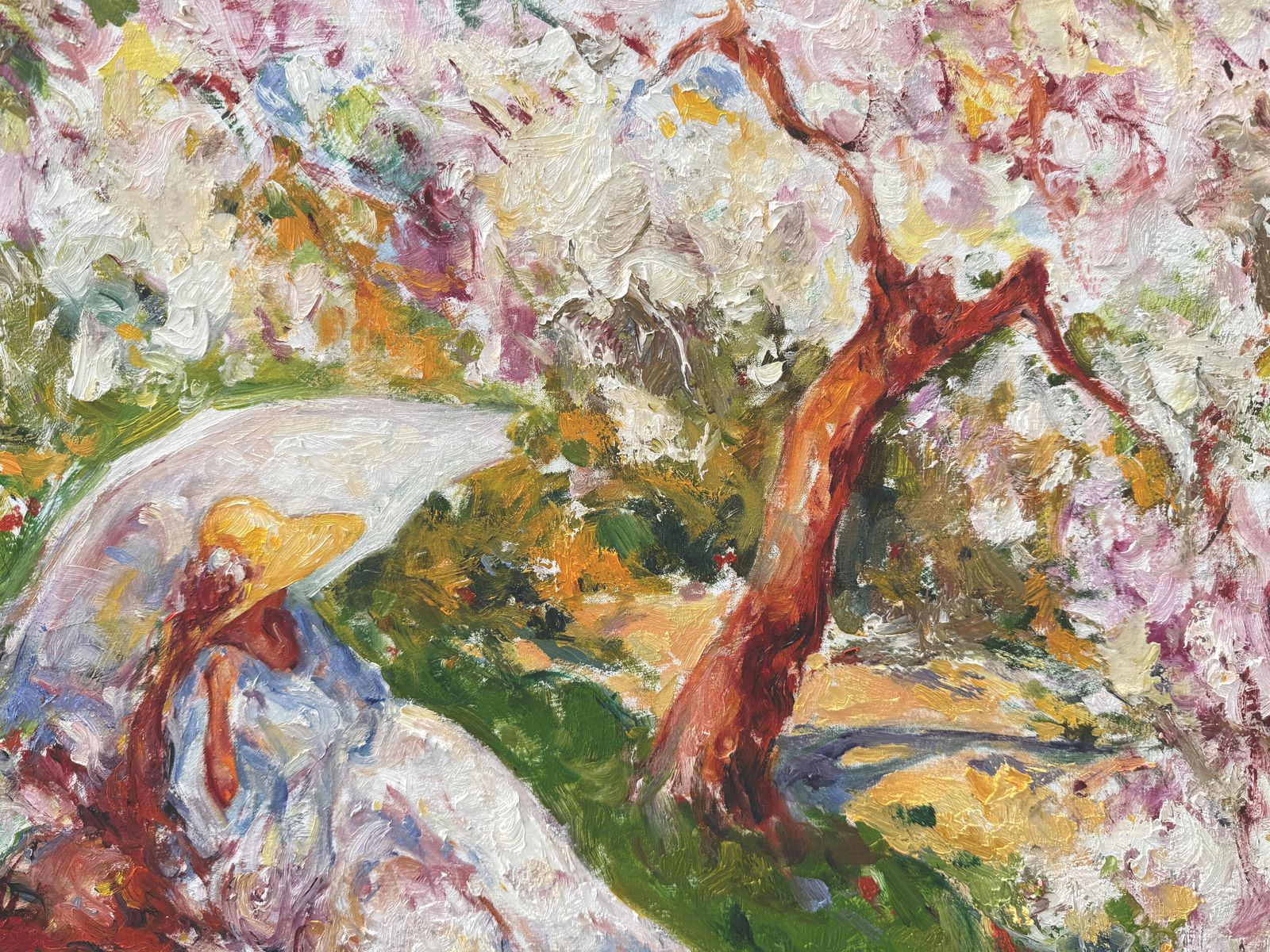 José Antonio Pineda Bueno, Jardin méditerranéen avec femme sous un amandier en fleurs, huile sur toile impressionniste, années 1990 photo buy