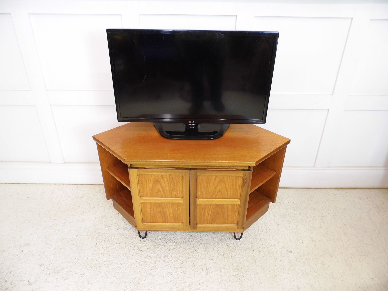 Vintage Teak Nathan Parker Knoll Tv Stand Cabinet Square Doors Hairpin Legs photo furniture