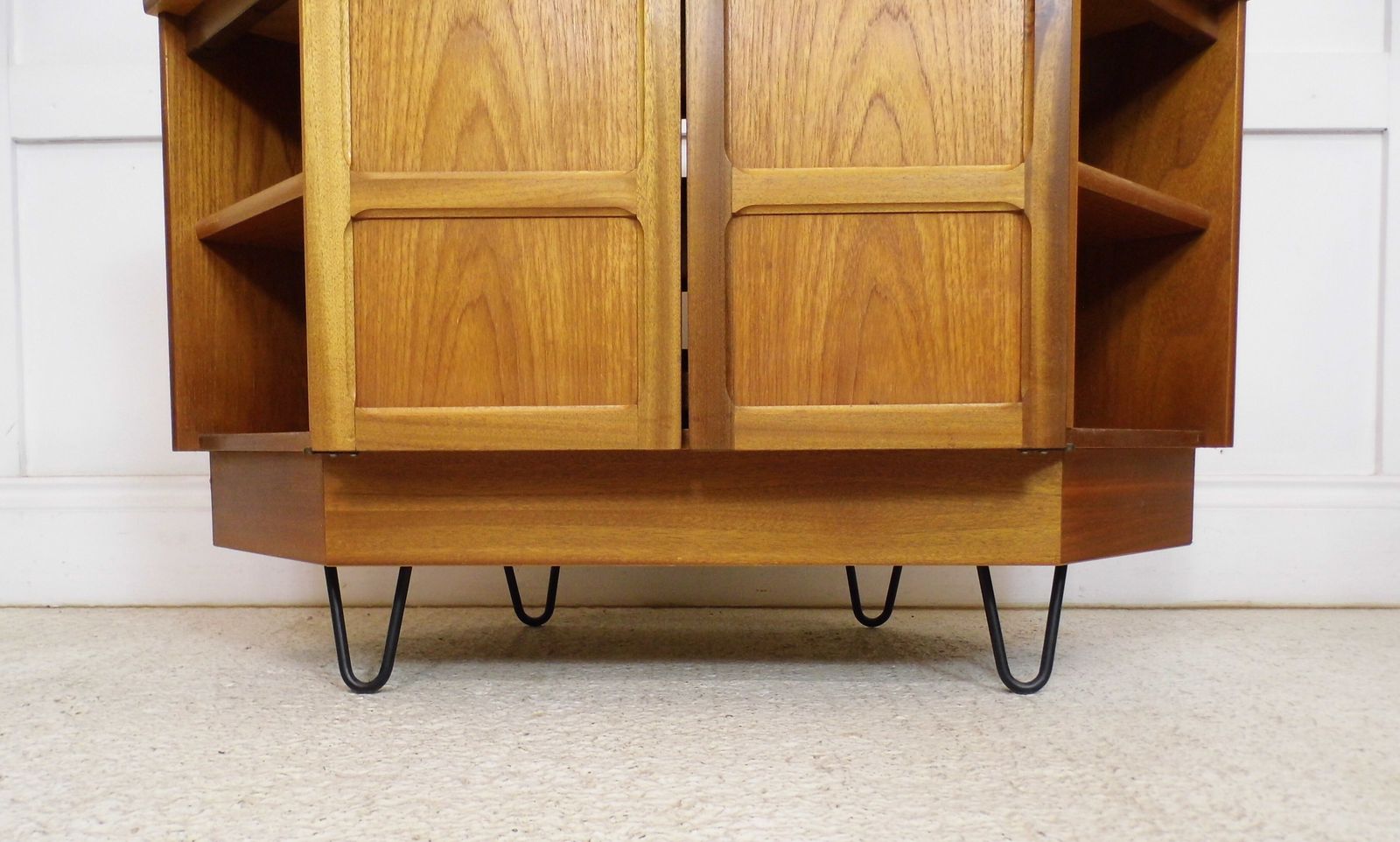 Furniture Vintage Teak Nathan Parker Knoll Tv Stand Cabinet Square Doors Hairpin Legs photo