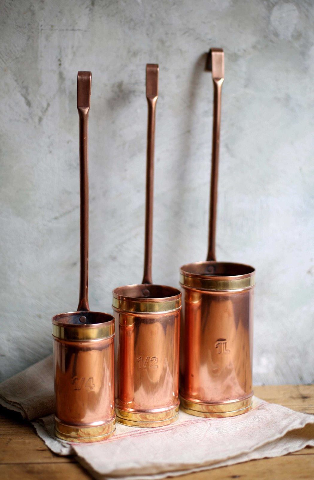 Set Of 3 Antique French Measures Copper & Brass Measuring Cups With Long Handles photo for sale
