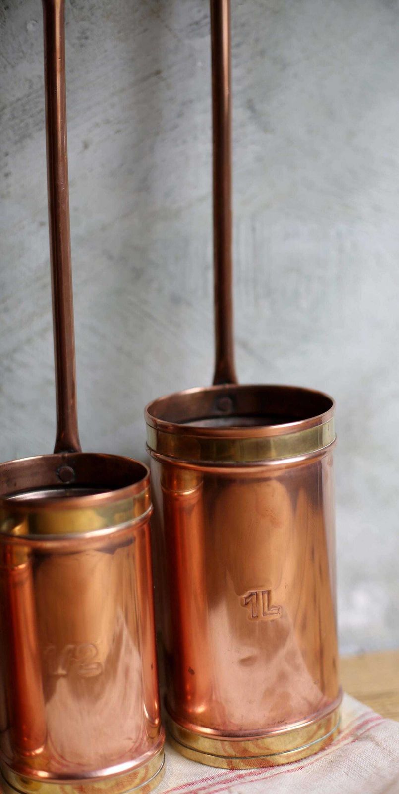 photo furniture Set Of 3 Antique French Measures Copper & Brass Measuring Cups With Long Handles