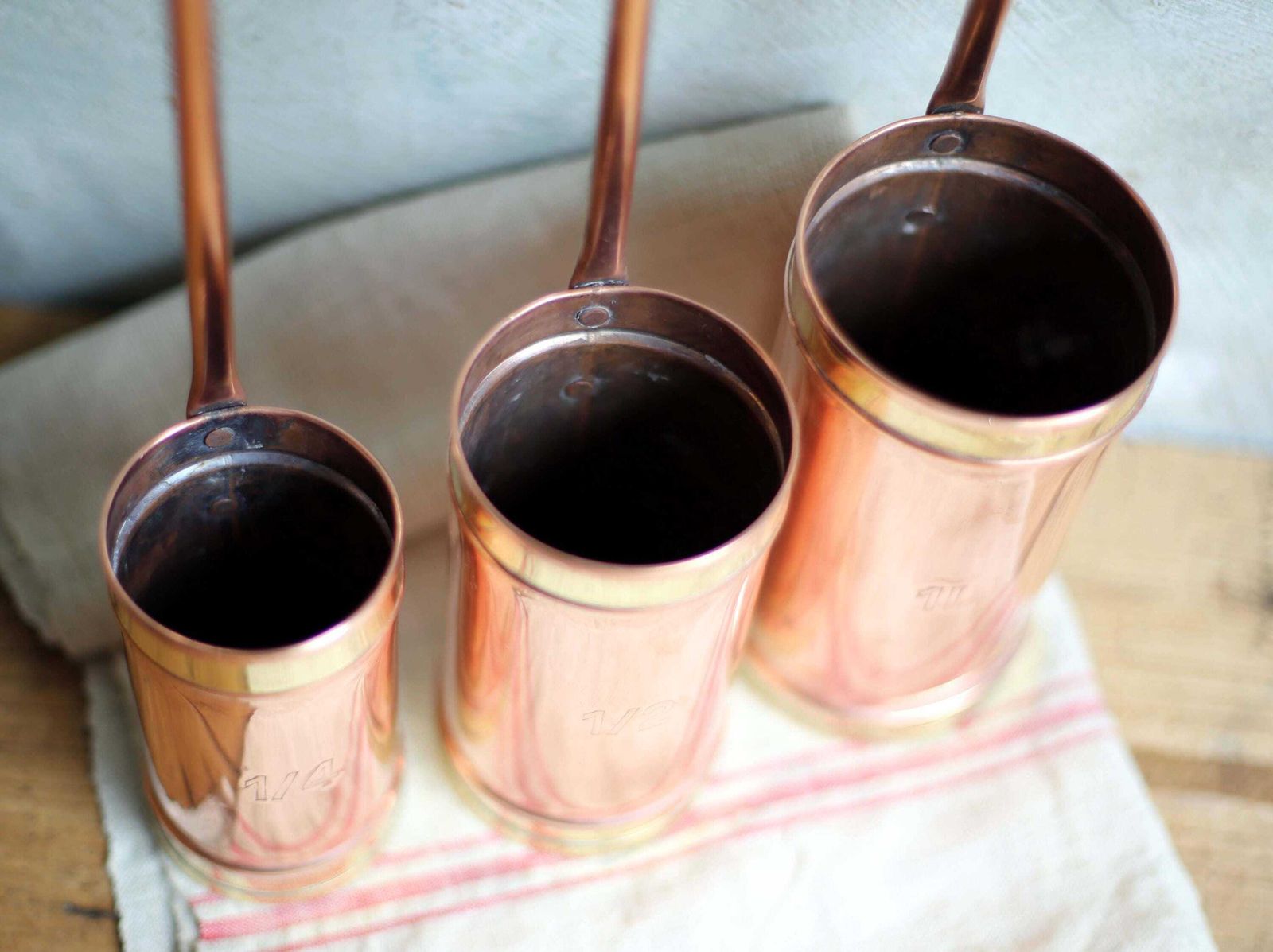 Home Decor Set Of 3 Antique French Measures Copper & Brass Measuring Cups With Long Handles photo