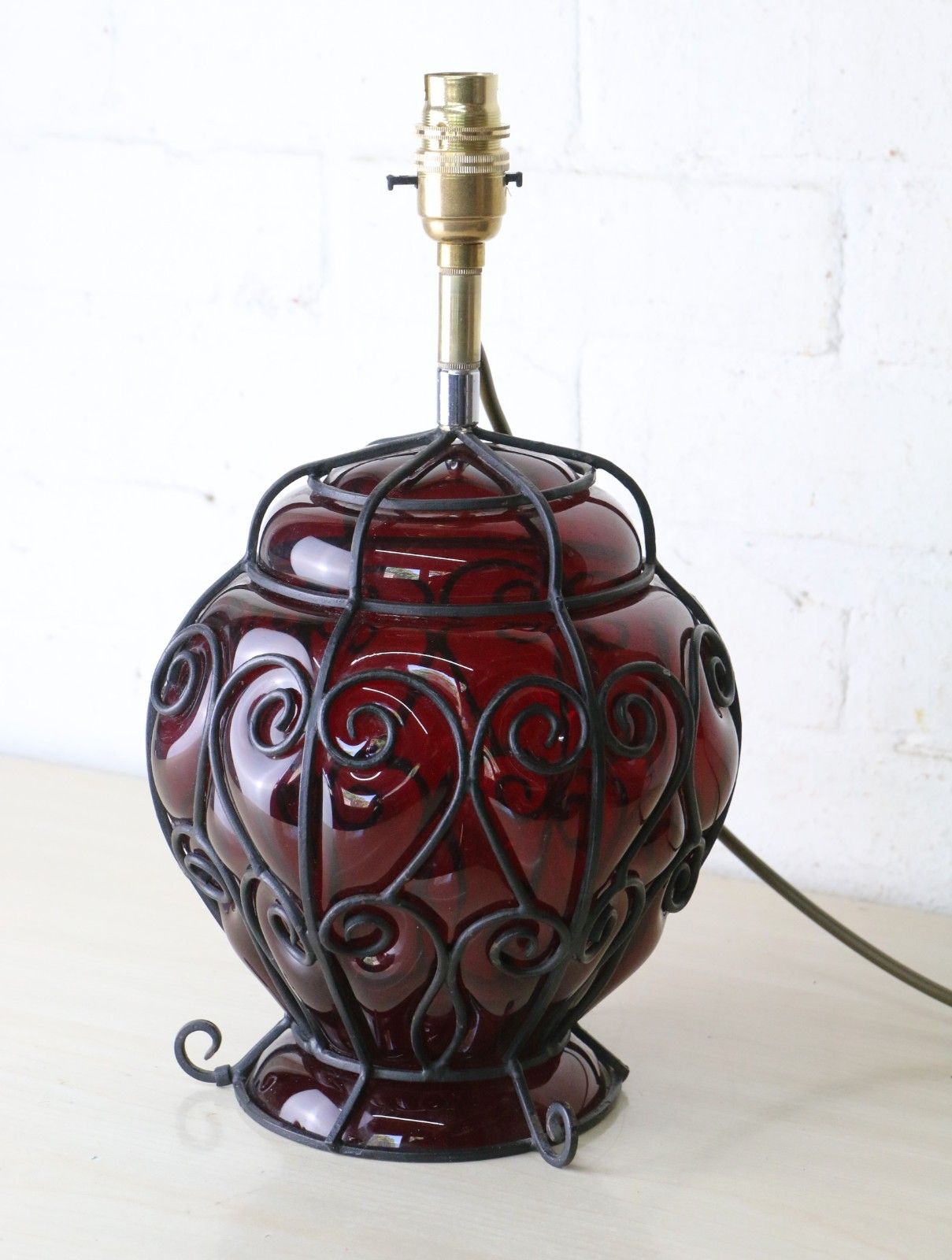 Antique Table Lamp Italian Cage Blown Glass Lamp Ruby Red 1920's Venetian Glass photo furniture