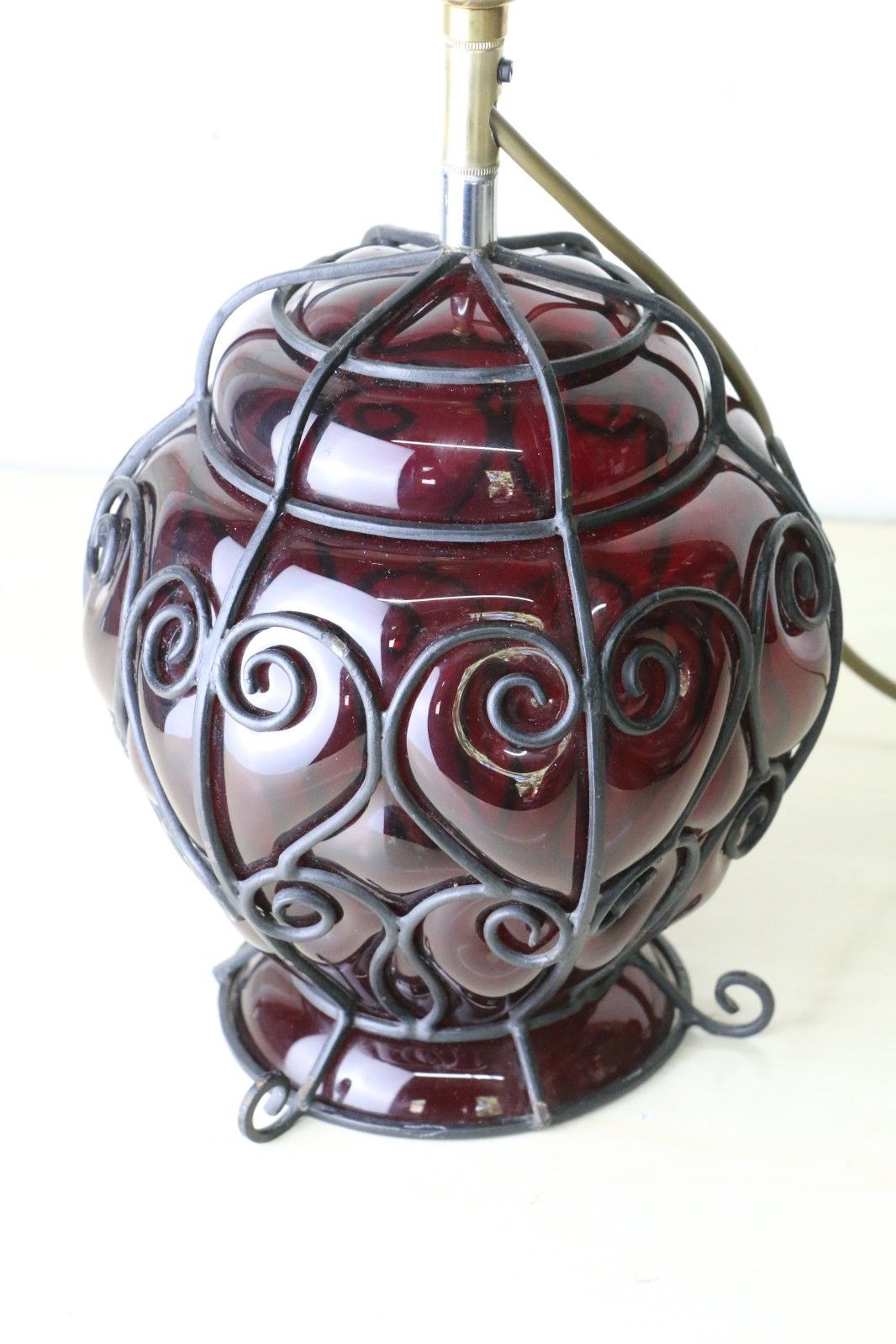 Antique Table Lamp Italian Cage Blown Glass Lamp Ruby Red 1920's Venetian Glass photo vintage