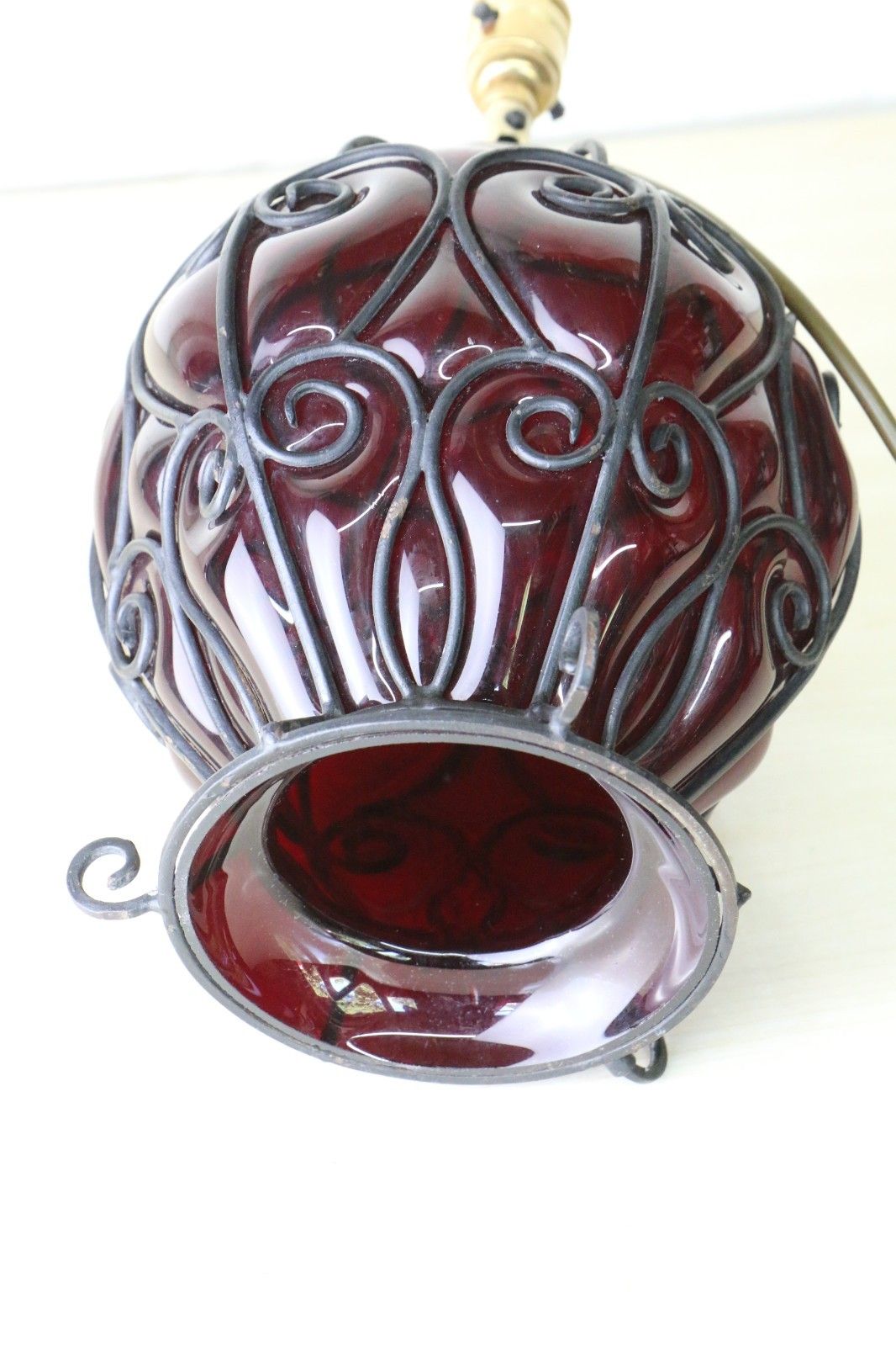 photo for sale Antique Table Lamp Italian Cage Blown Glass Lamp Ruby Red 1920's Venetian Glass