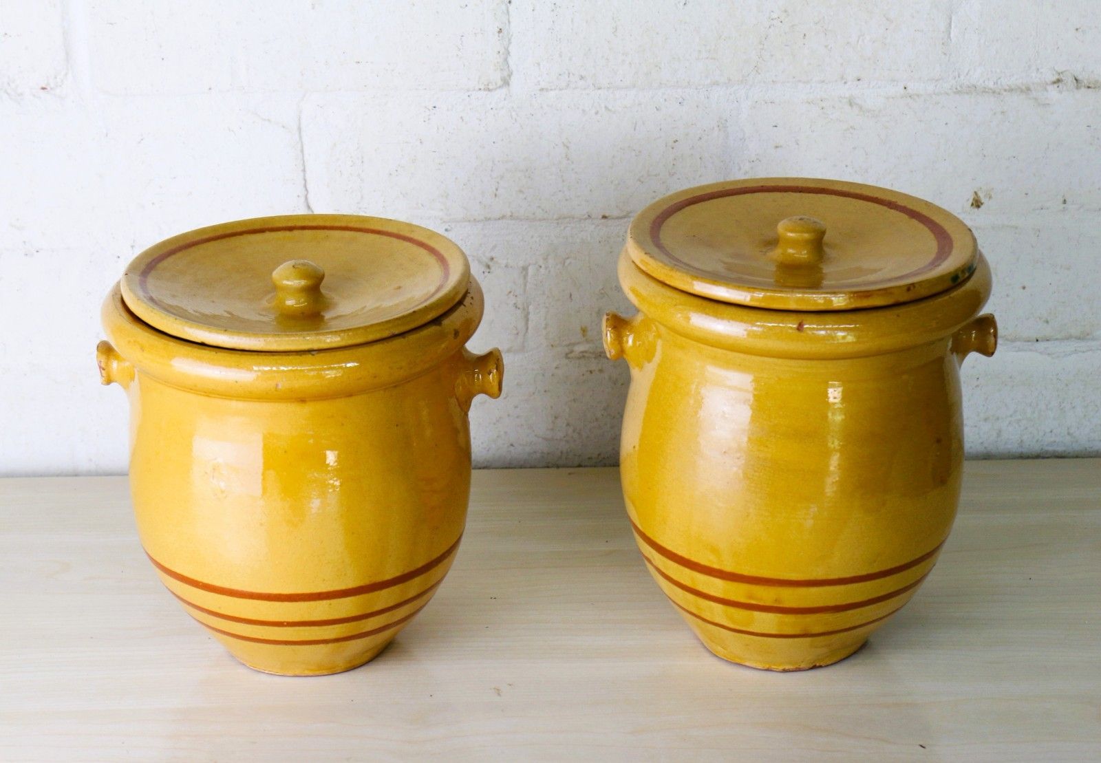 Two  Antique French Confit Pots & Lids Warm Yellow + Mustard Painted Ring Decor photo for sale
