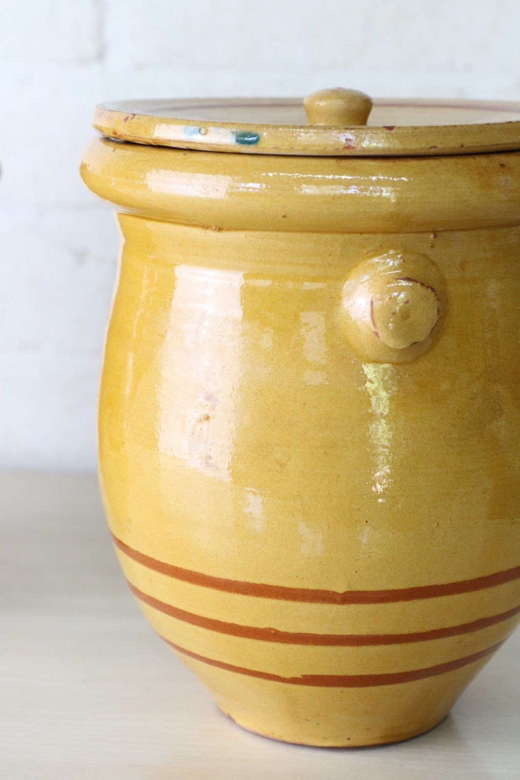 Home Decor Two  Antique French Confit Pots & Lids Warm Yellow + Mustard Painted Ring Decor photo