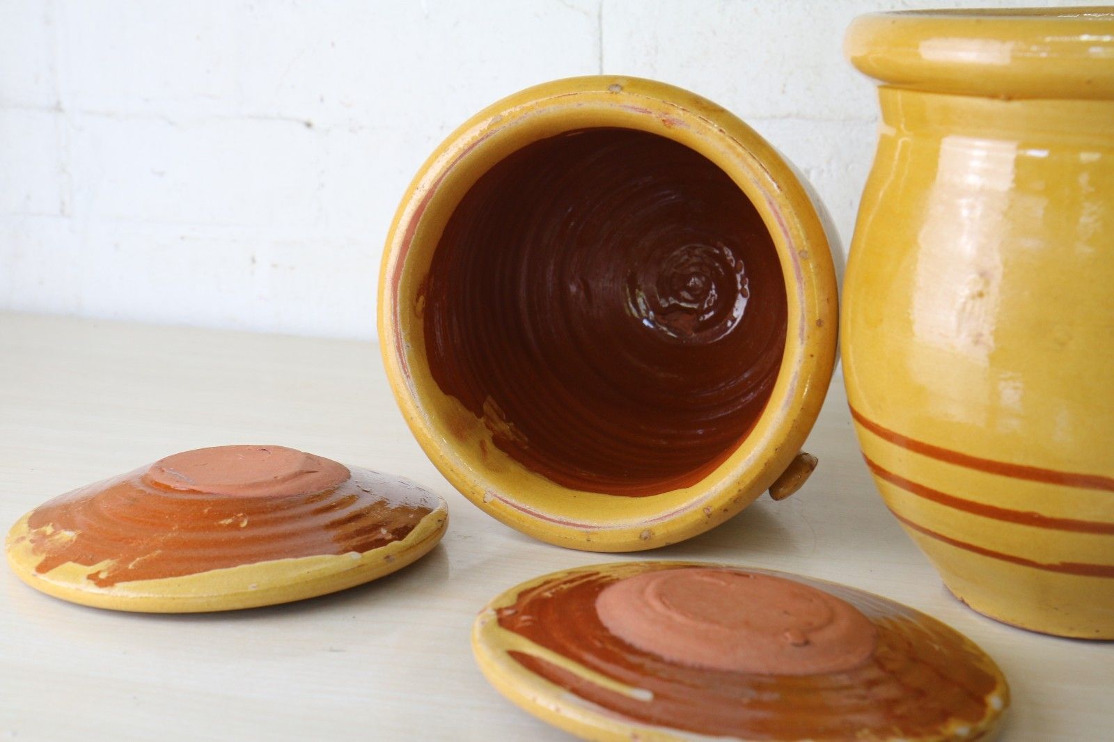 photo buy Two  Antique French Confit Pots & Lids Warm Yellow + Mustard Painted Ring Decor