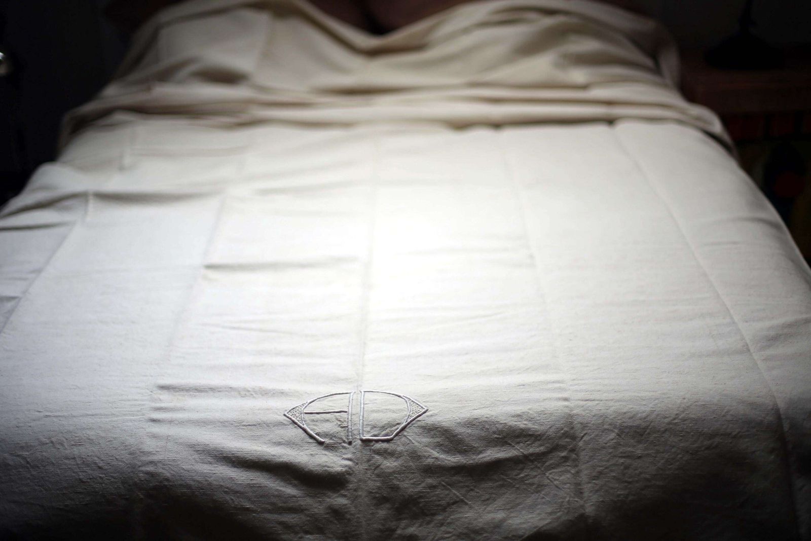 Large Antique French Bed Sheet White Linen Metis Monogrammed Homespun Hand Embroidered Loomed Fabric Ad Double photo Textiles