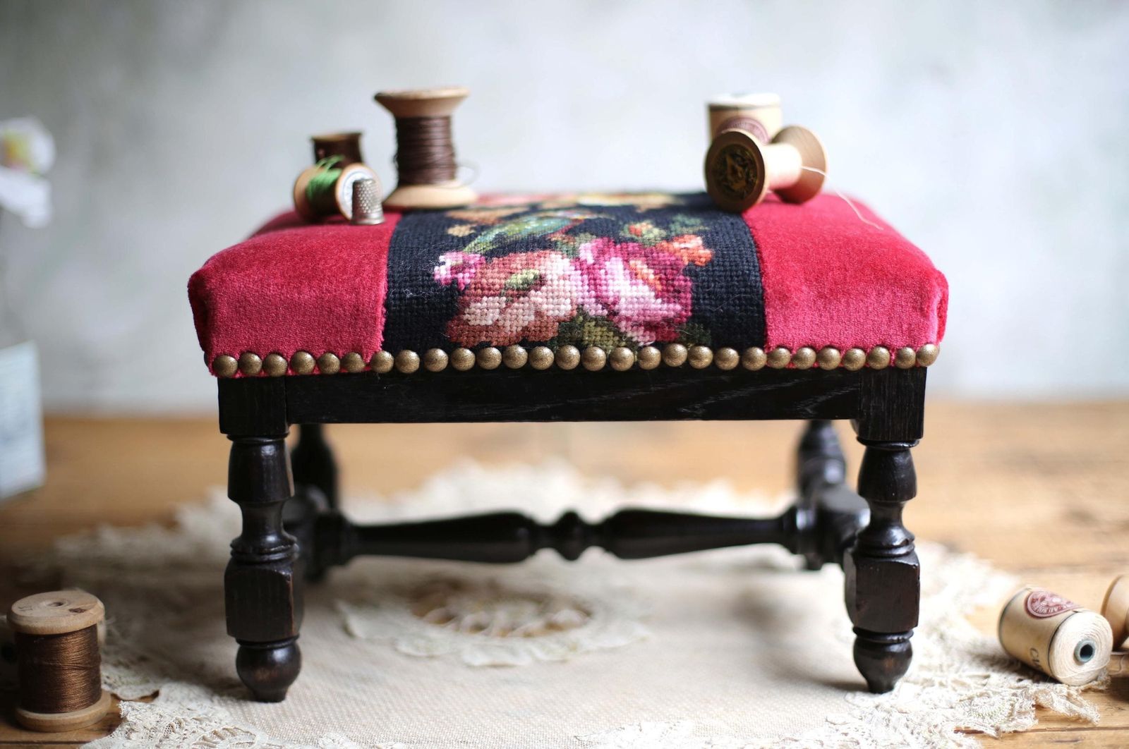 French Antique Embroidered Wooden Foot Stool Floral Needlepoint Kingfisher Tapestry Footstool