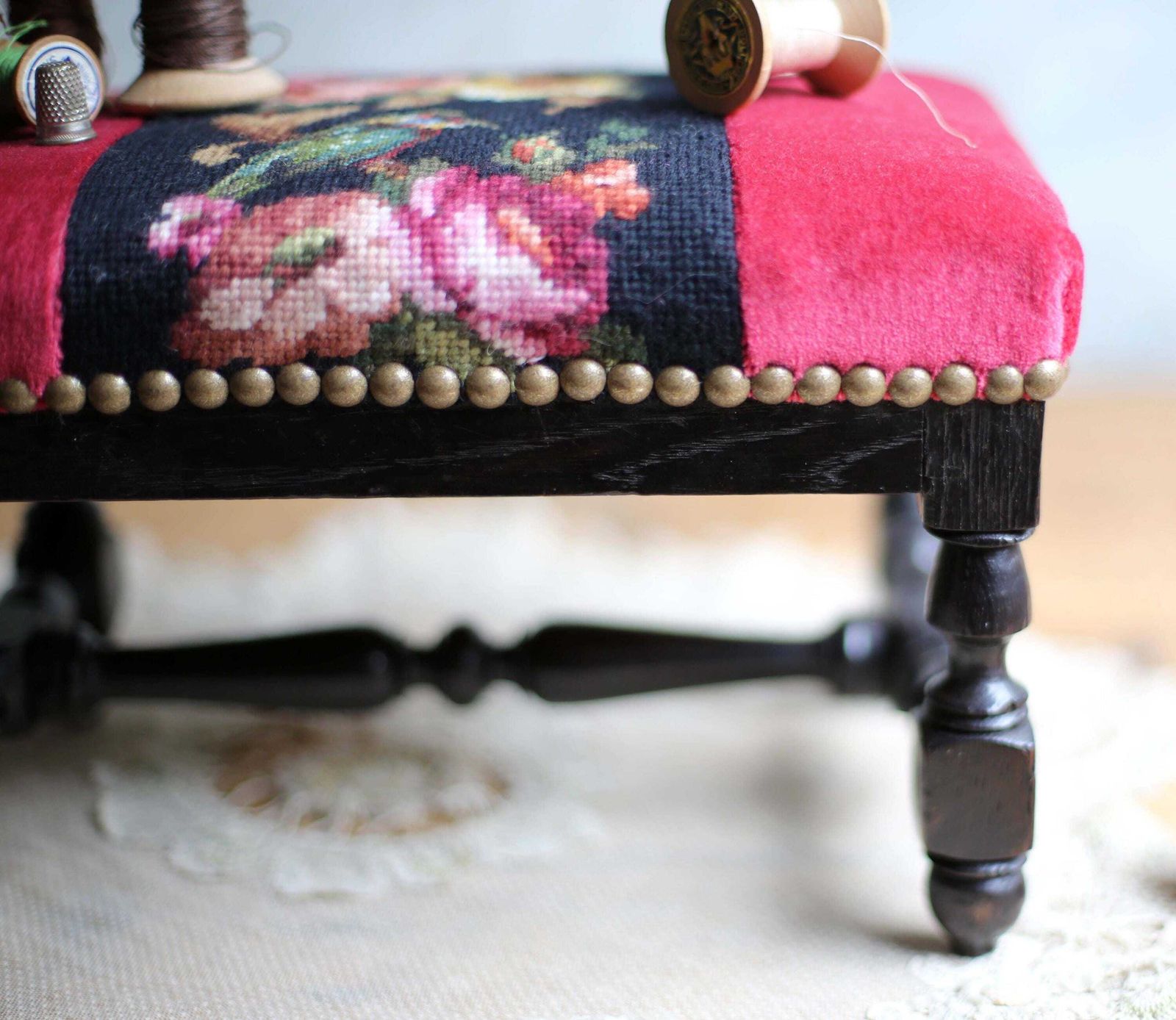 French Antique Embroidered Wooden Foot Stool Floral Needlepoint Kingfisher Tapestry Footstool photo vintage