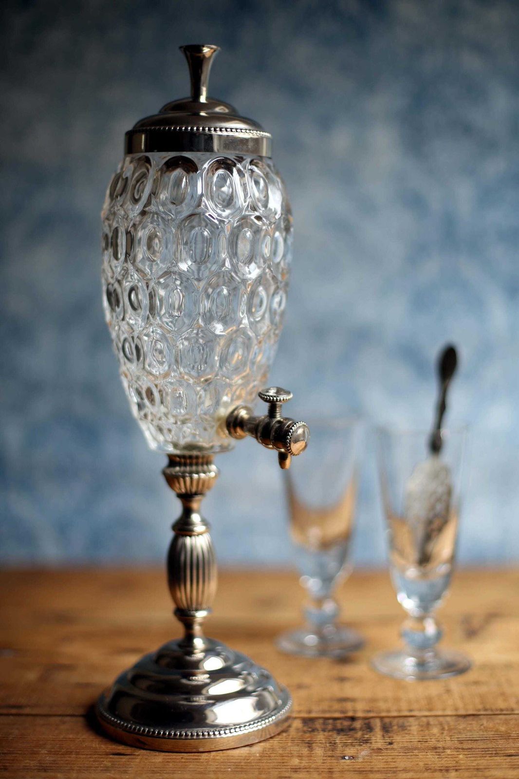 Vintage French Pressed Glass Silver Plated Absinthe Water Fountain Dispenser photo vintage