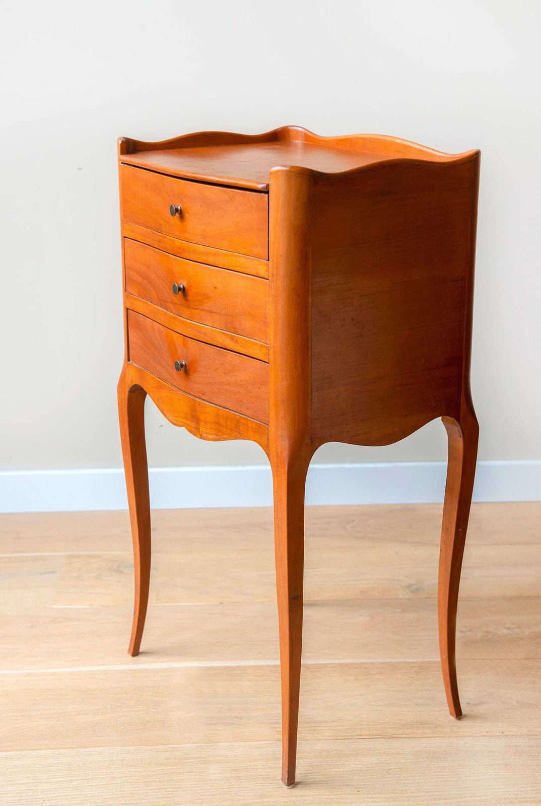 Vintage Wooden Bedside Table   French Provincial 3 Drawer Nightstand   Cabriole Leg Side Table photo furniture