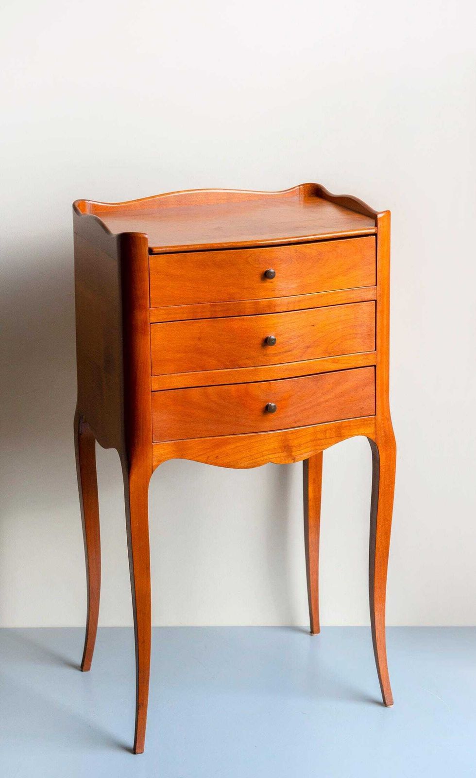 Vintage Wooden Bedside Table   French Provincial 3 Drawer Nightstand   Cabriole Leg Side Table photo Furniture