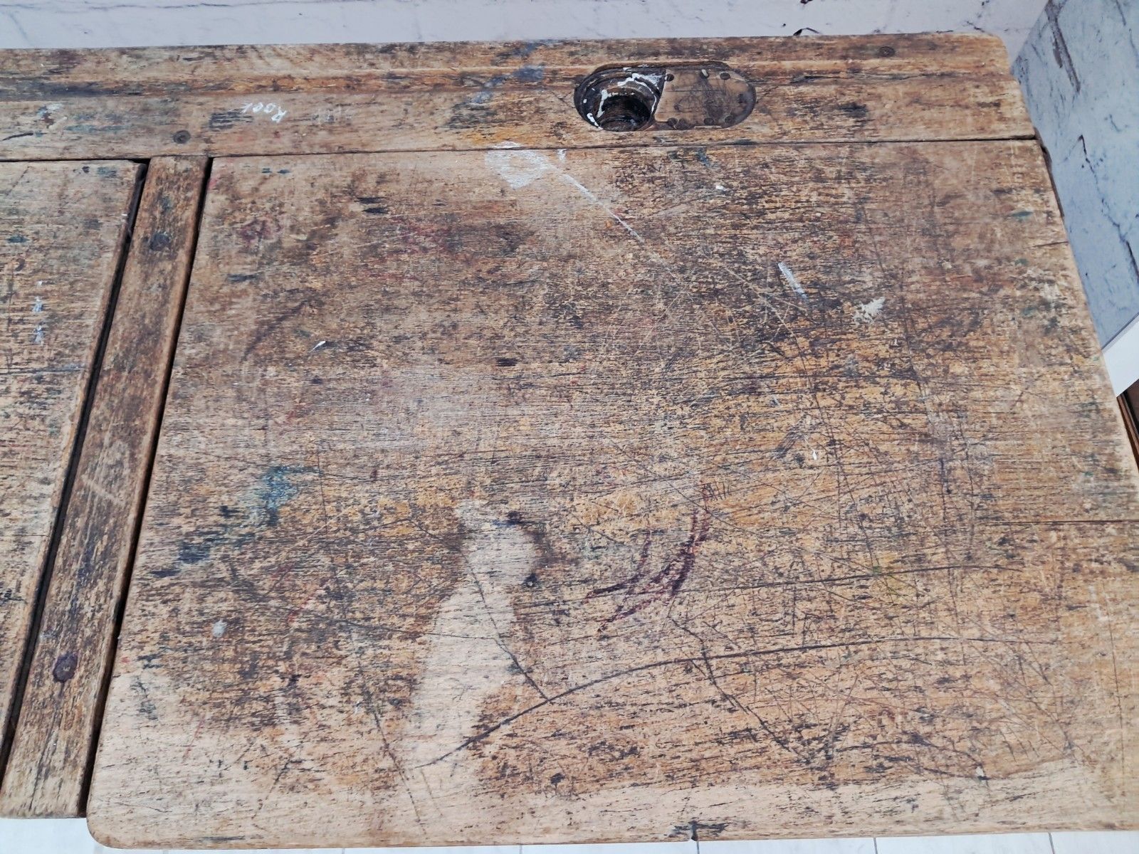 photo for sale Vintage Double School Desk Wooden Rustic Industrial Original Graffiti Desk 1970