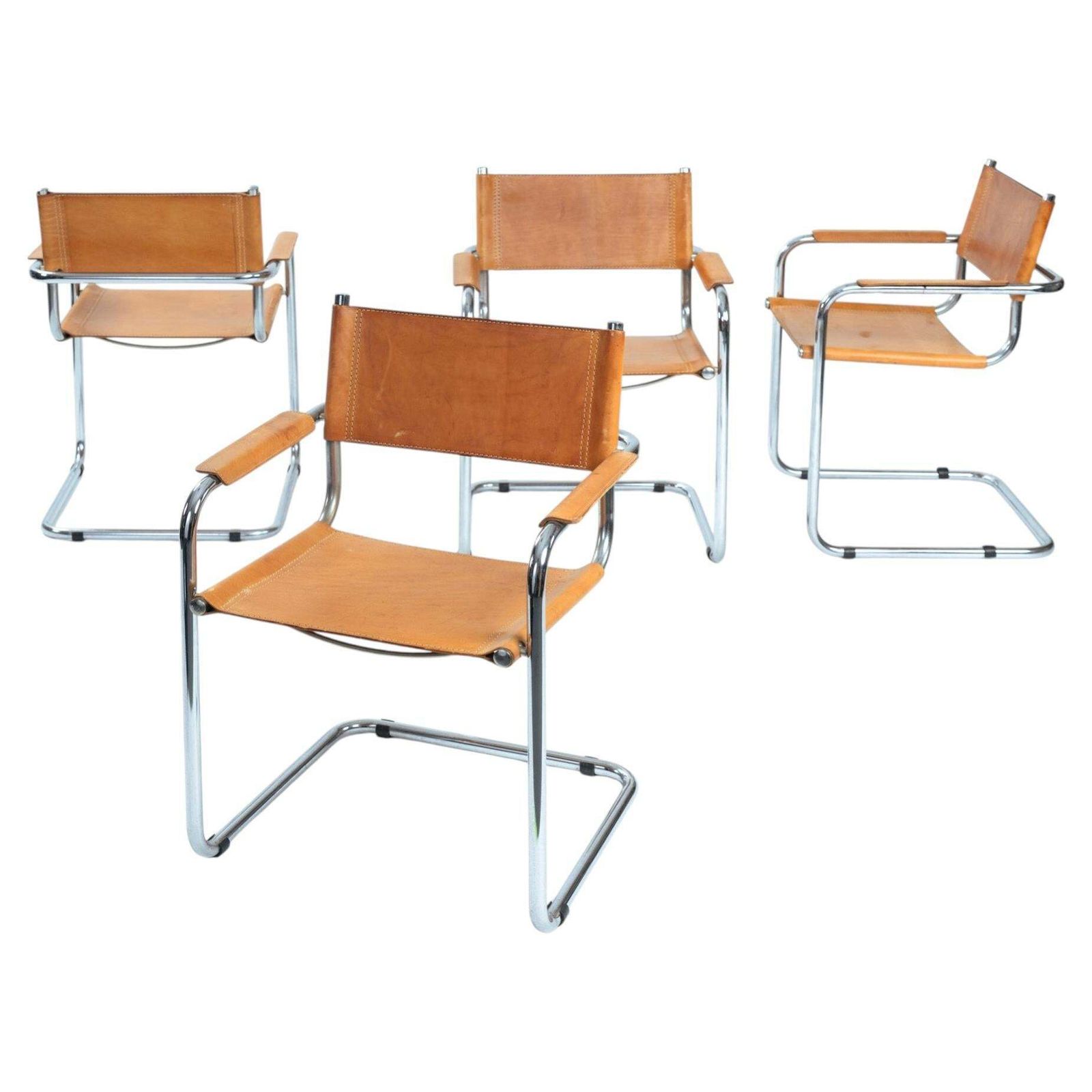 4 Cognac Saddle Leather Cantilever Bauhaus S 34 B 34 Chairs, 1970s