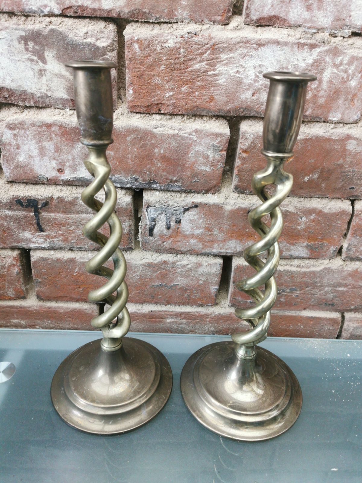 Pair Of Antique Brass Barley Twist Candlesticks photo for sale