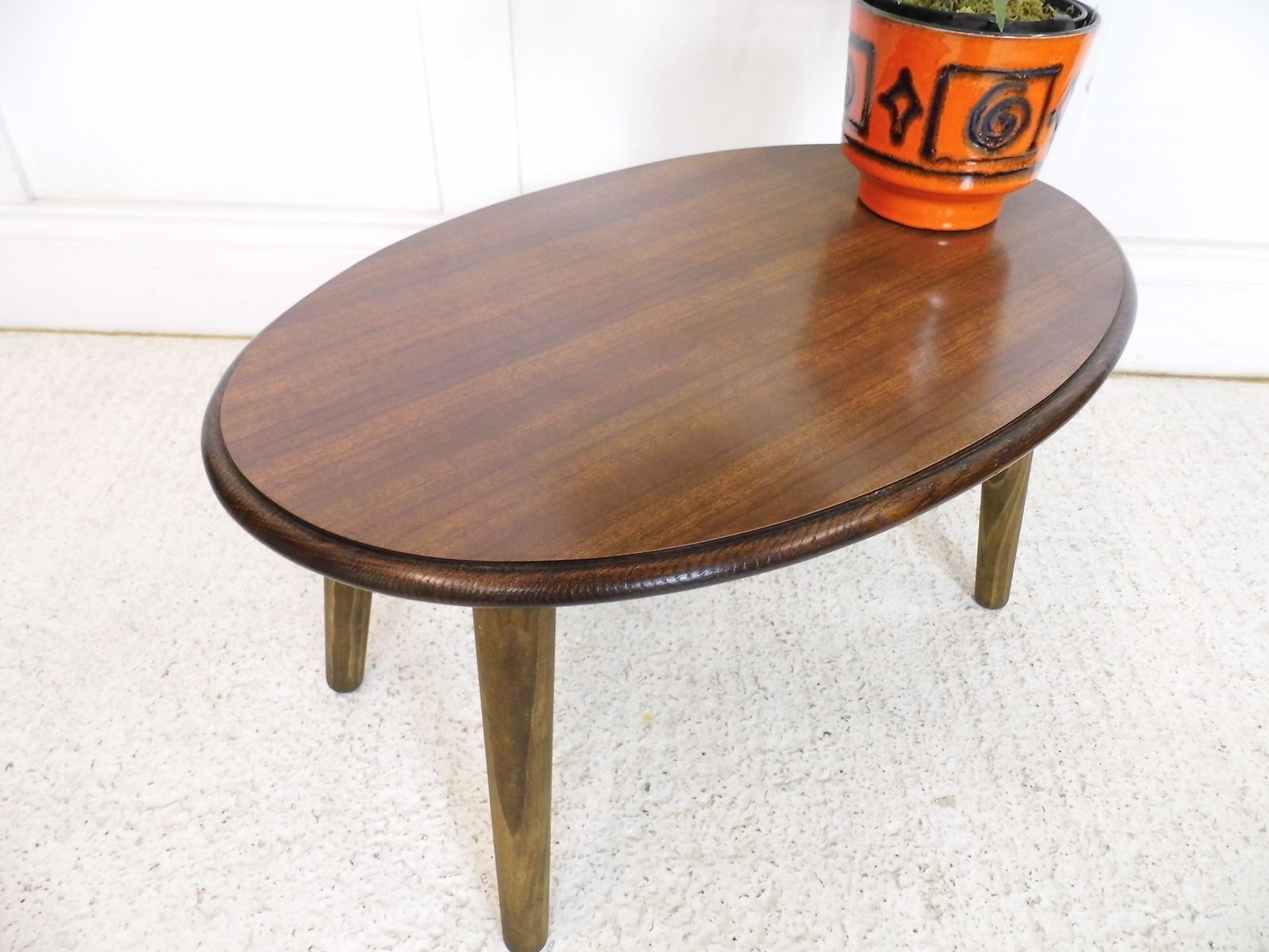 Vintage Retro Oak Formica Topped Oval Coffee Table Tapering Wooden Legs 1970s photo for sale