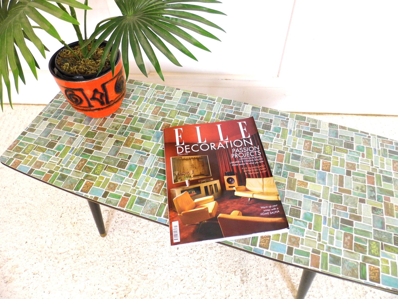 Opal Kleinmöbel: Formica Mosaic Topped Coffee Table Plant Stand 1950s German photo furniture