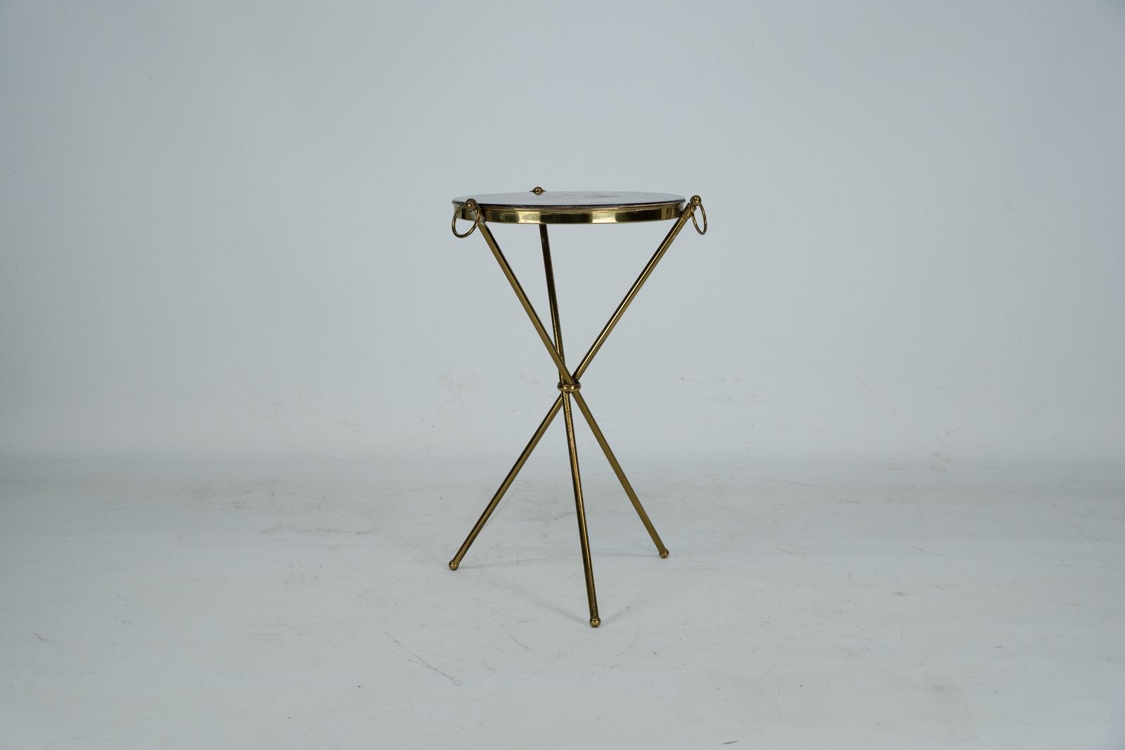 Small Italian Brass And Wood Tripod Coffee Table From 50s photo vintage