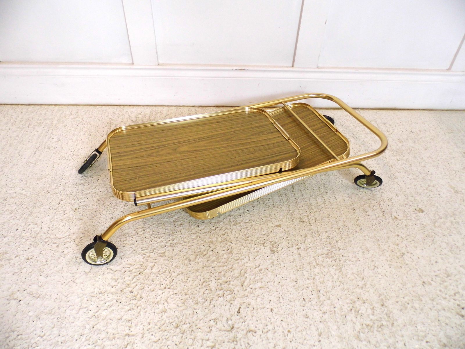 Vintage Retro Hostess Bar Drinks Cart Trolley Folding Design 1970s Formica Gold photo vinterior