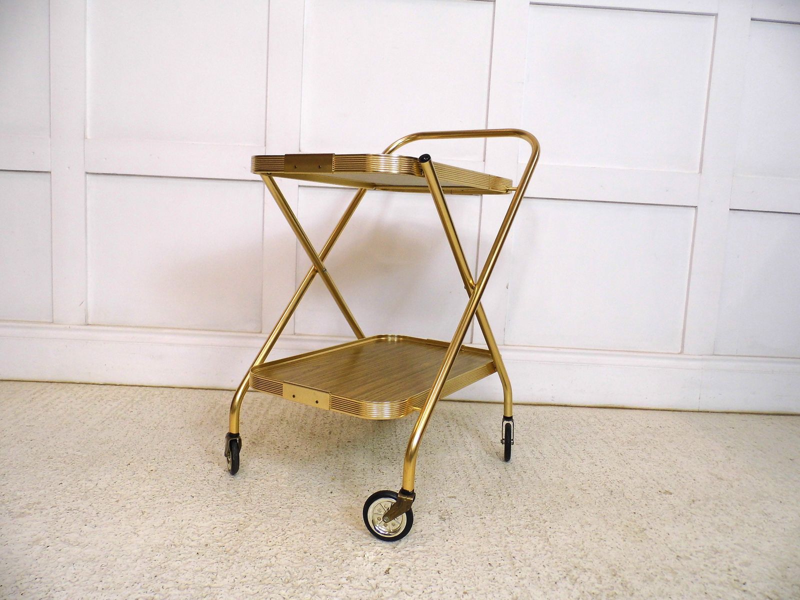 171.0 Vintage Retro Hostess Bar Drinks Cart Trolley Folding Design 1970s Formica Gold photo