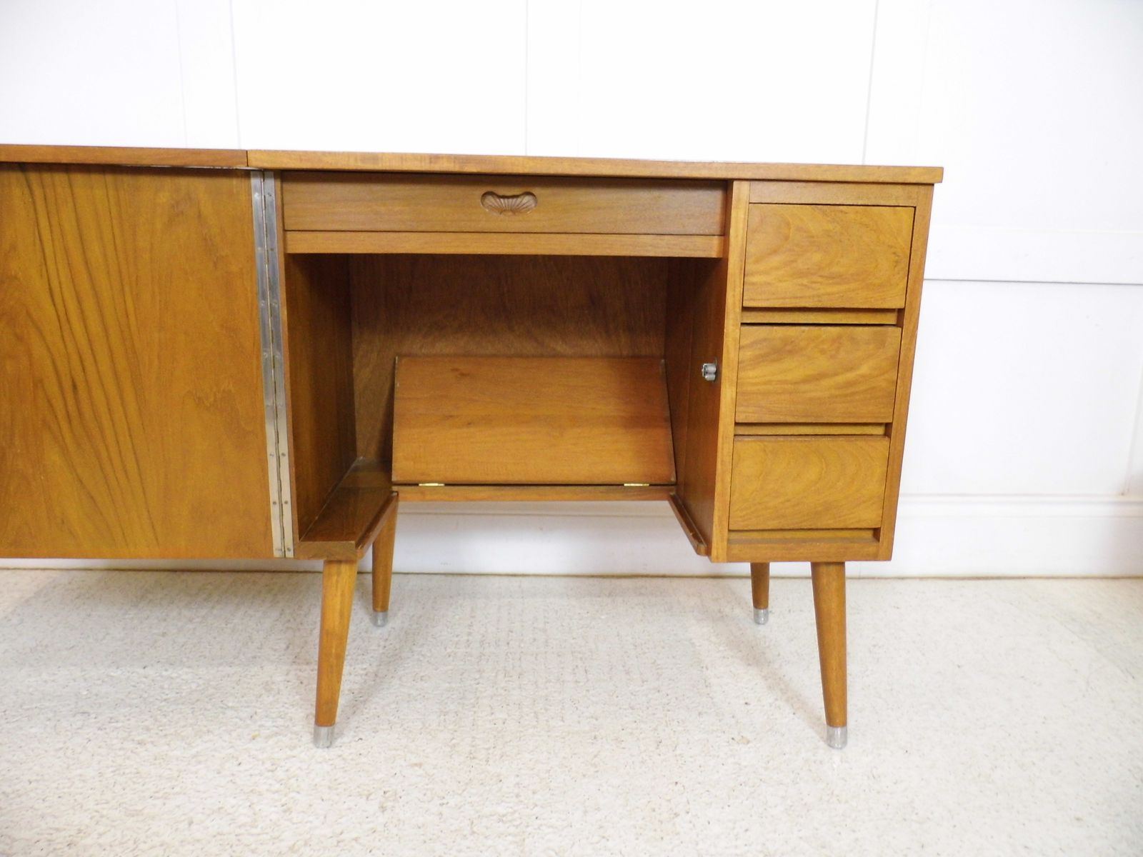 Midcentury Teak Sewing Table Cabinet Metamorphic Laptop Desk For Home 1960s photo for sale