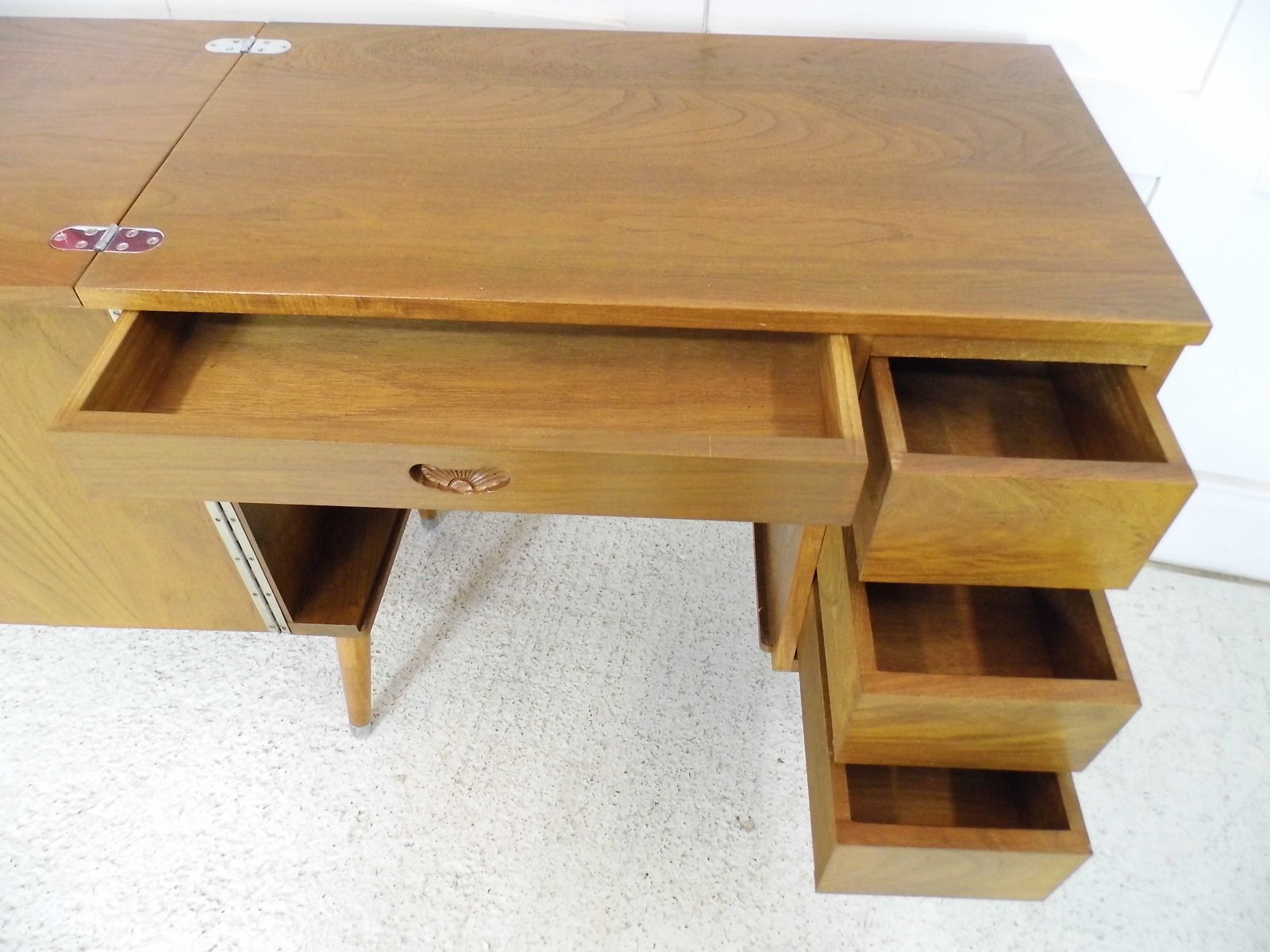 photo for sale Midcentury Teak Sewing Table Cabinet Metamorphic Laptop Desk For Home 1960s