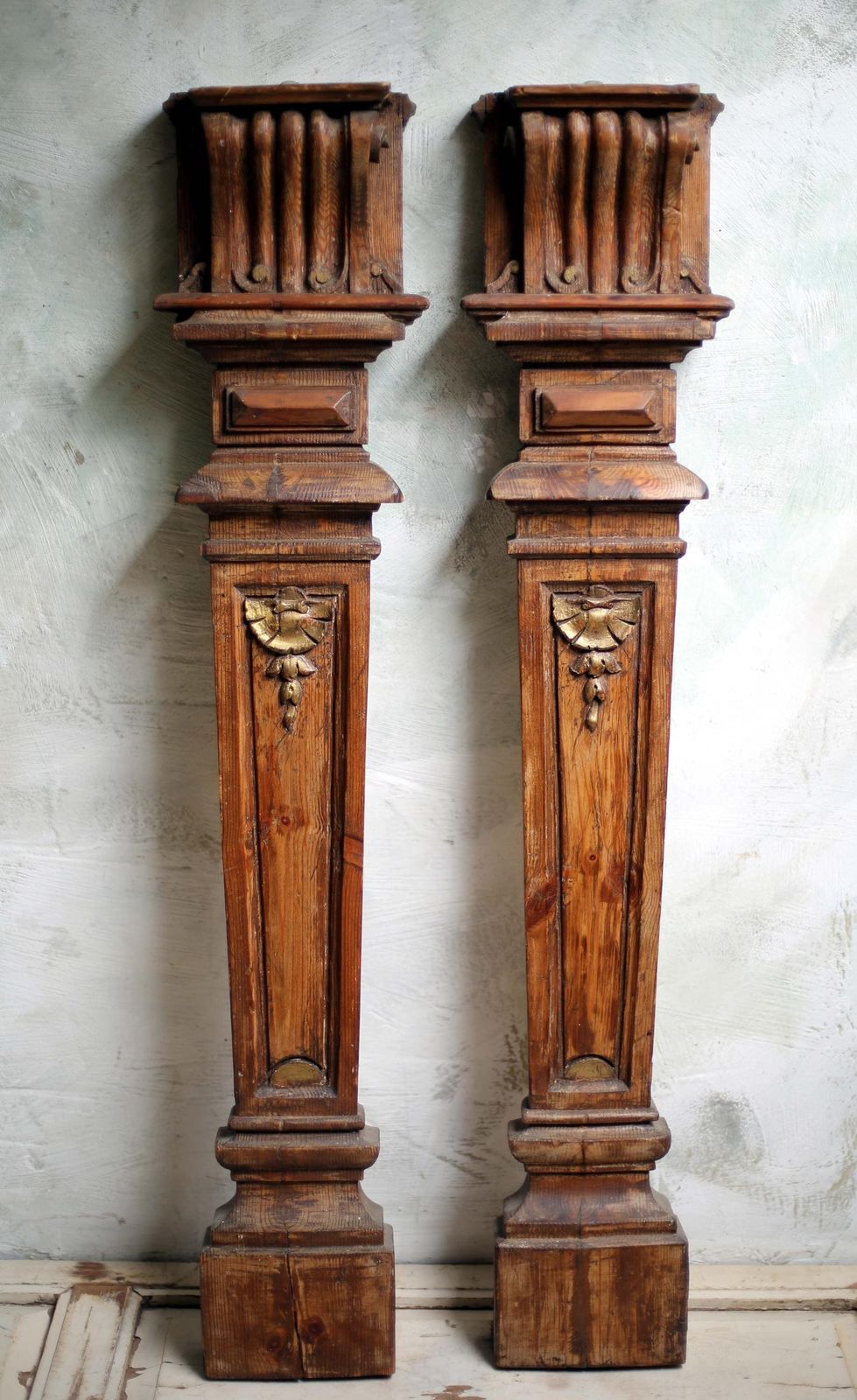Pair Of Antique Fireplace Pilasters Carved Wooden French Neoclassical Fire Surround Architectural Columns photo vintage
