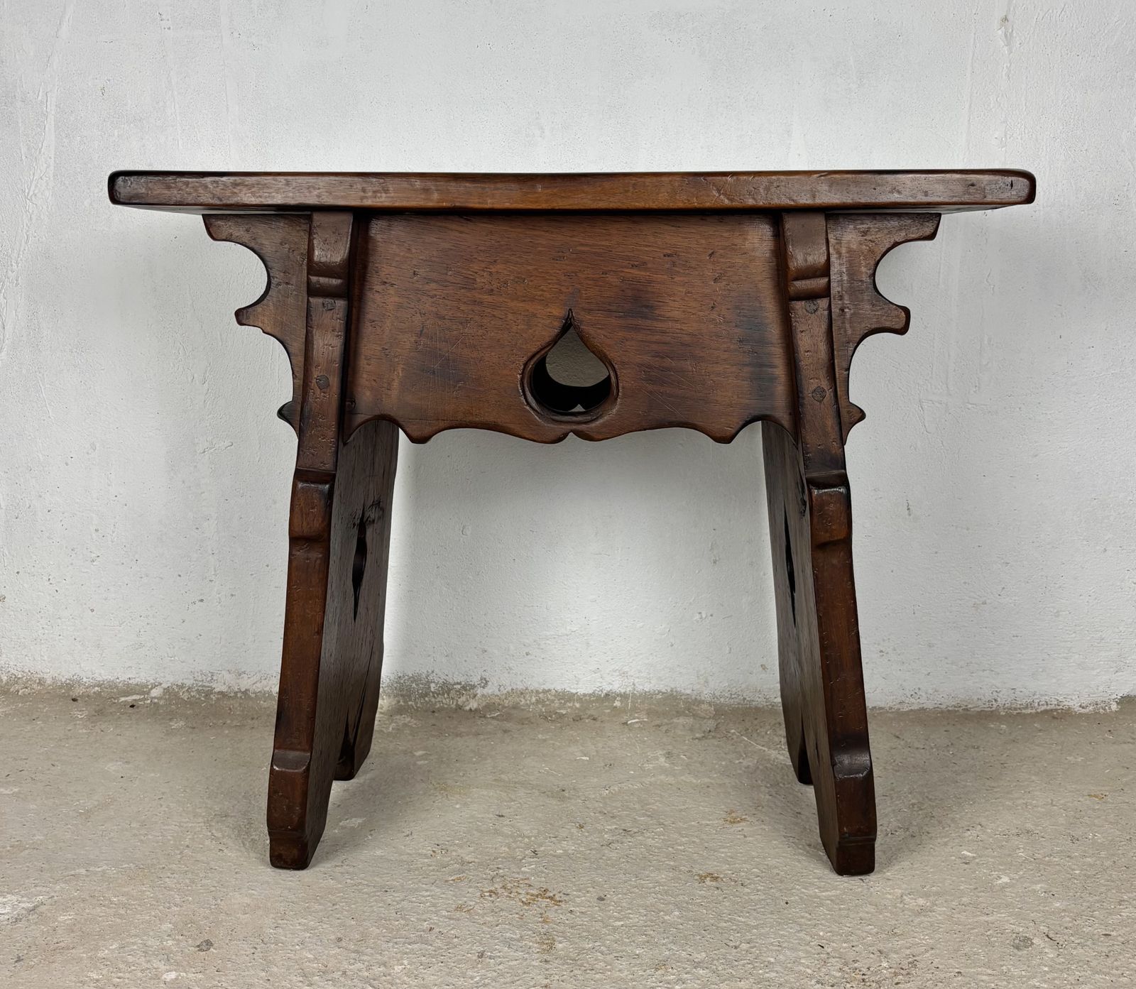 Rustic Hand Carved Walnut Stool Or Side Table, Early 20th Century photo for sale