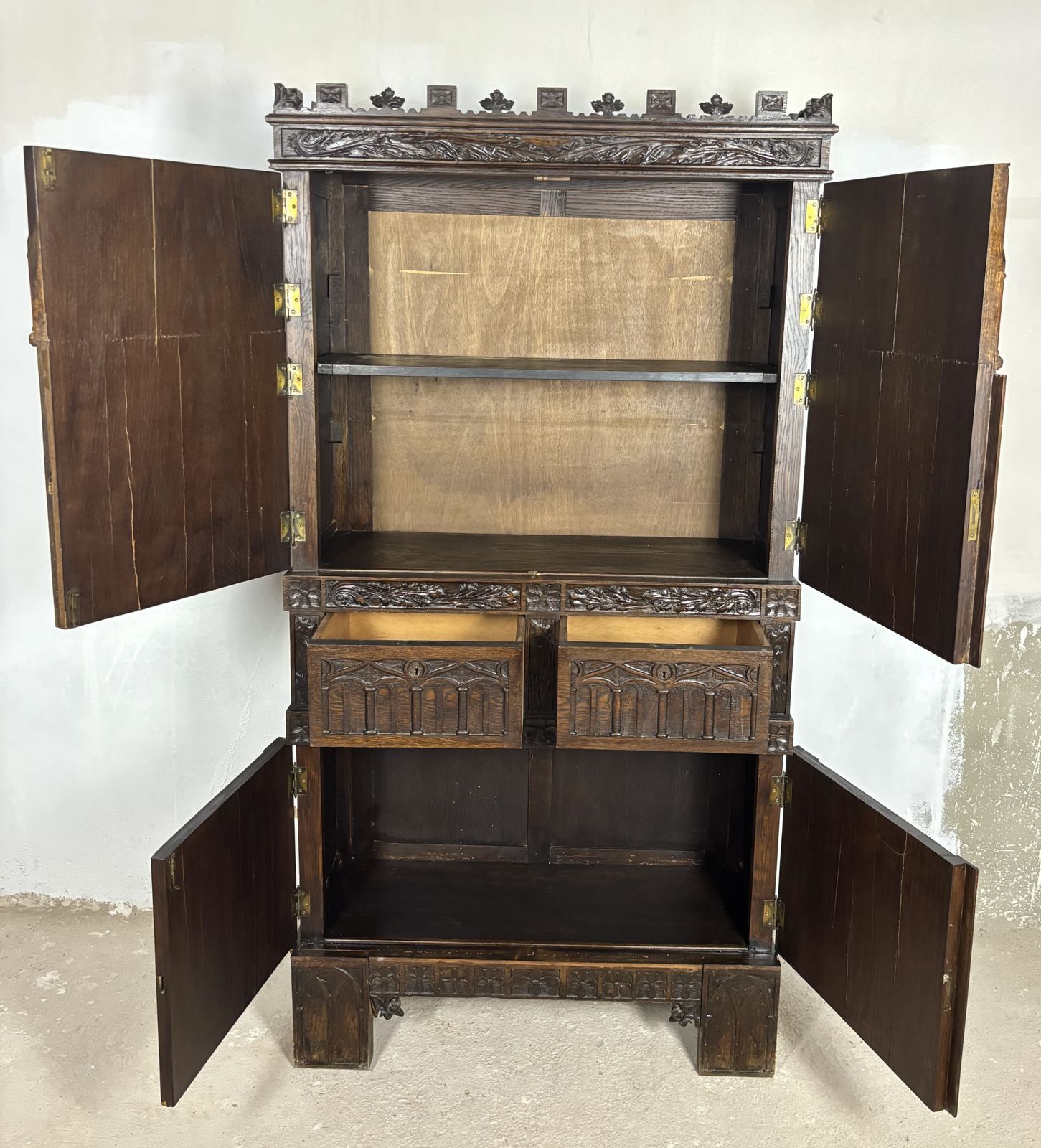photo for sale Monumental Gothic Revival Oak Cabinet, Early 20th Century