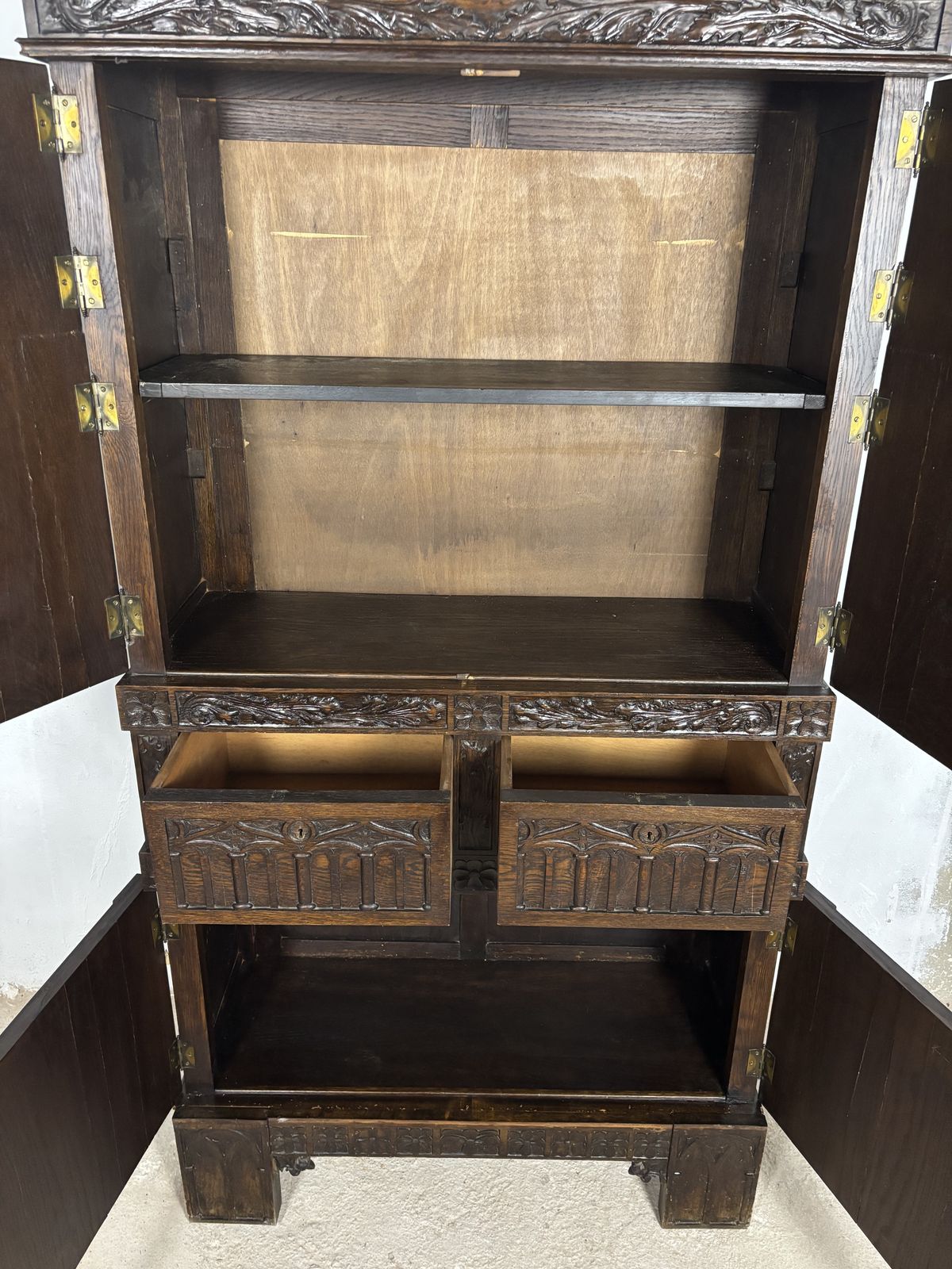6890.0 Monumental Gothic Revival Oak Cabinet, Early 20th Century photo
