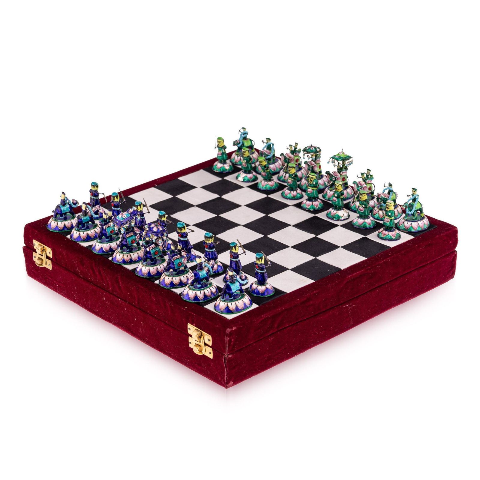 20thc Indian Silver & Enamel Chess Set With Silk & Velvet Board, Jaipur C.1950 photo furniture