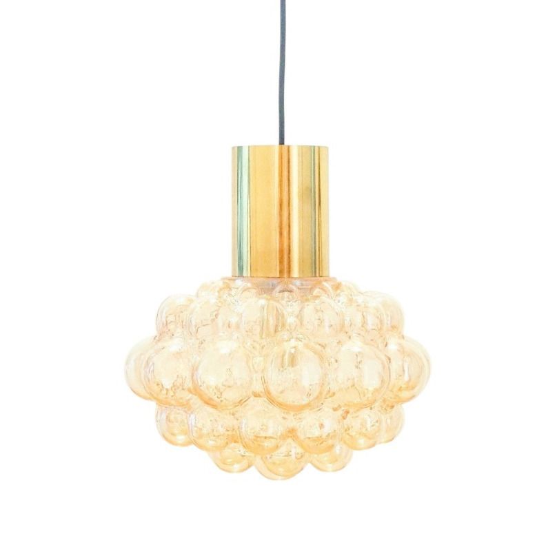 X.L. Mid Century Amber Bubble Glass & Brass Pendant Light By Helena Tynell For Limburg, Germany, 1960s