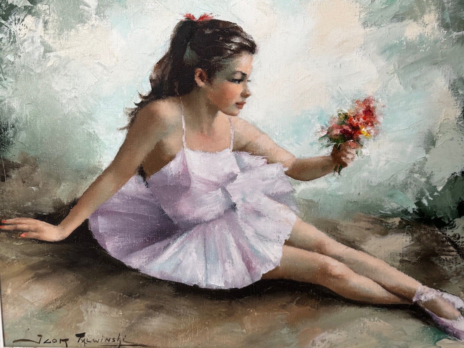 Midden 20e eeuw olieverfschilderij portret jonge vrouw ballerina danser, gesigneerd door Igor Talwinski photo furniture