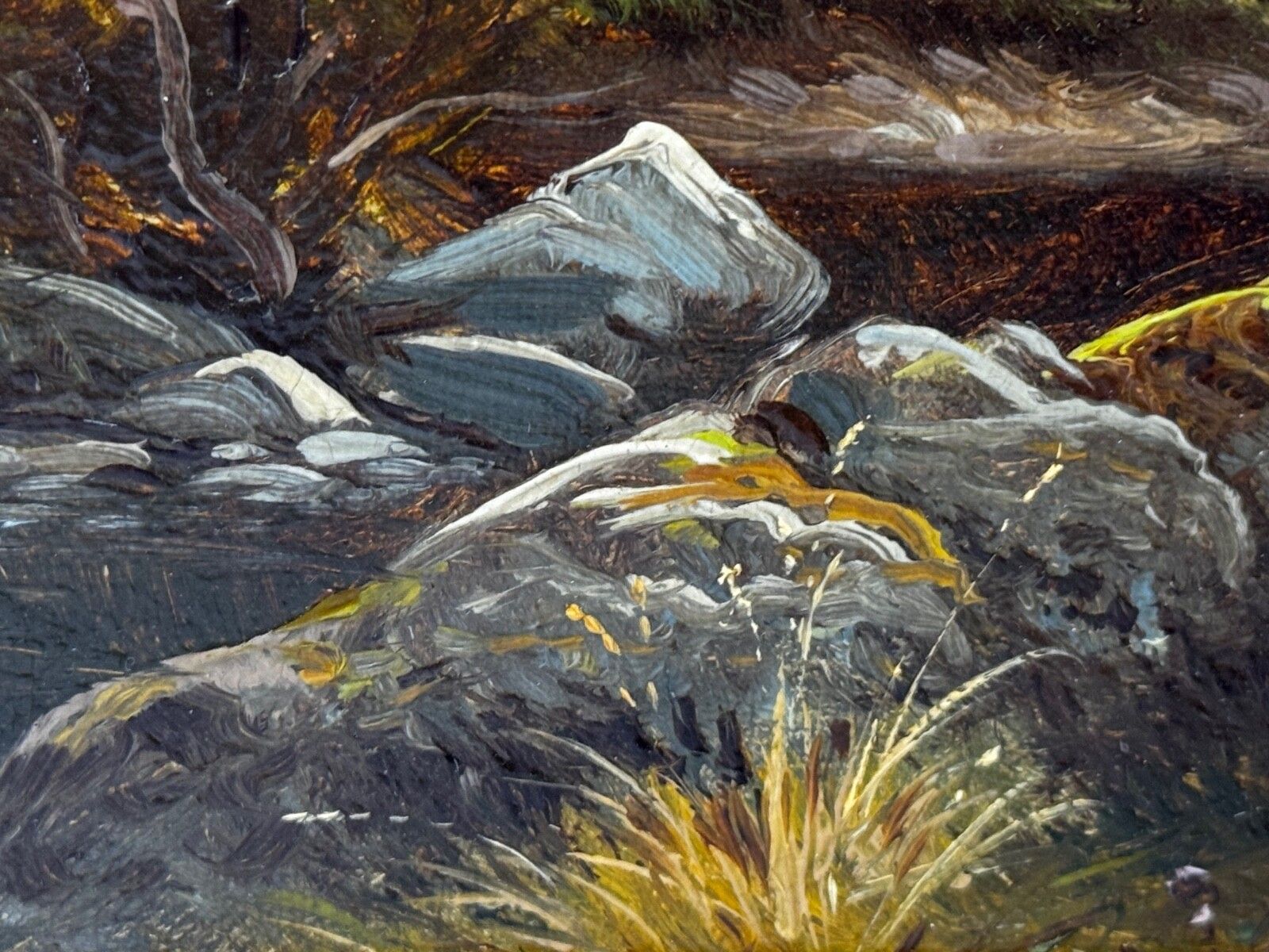 photo vintage 19e-eeuws olieverfschilderij "A Quiet Pool North Wales On The Conwy River" door Thomas Spinks