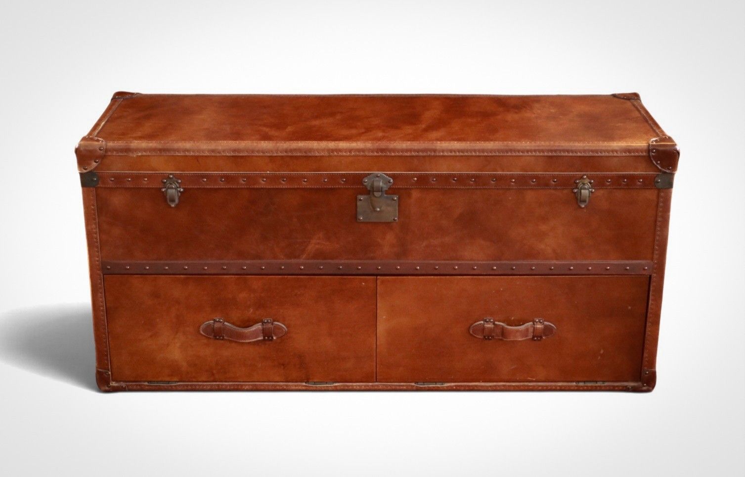 Super Timothy Oulton Mayfair Sideboard Media Unit Leather Trunk Antique Whisky🚚 photo furniture