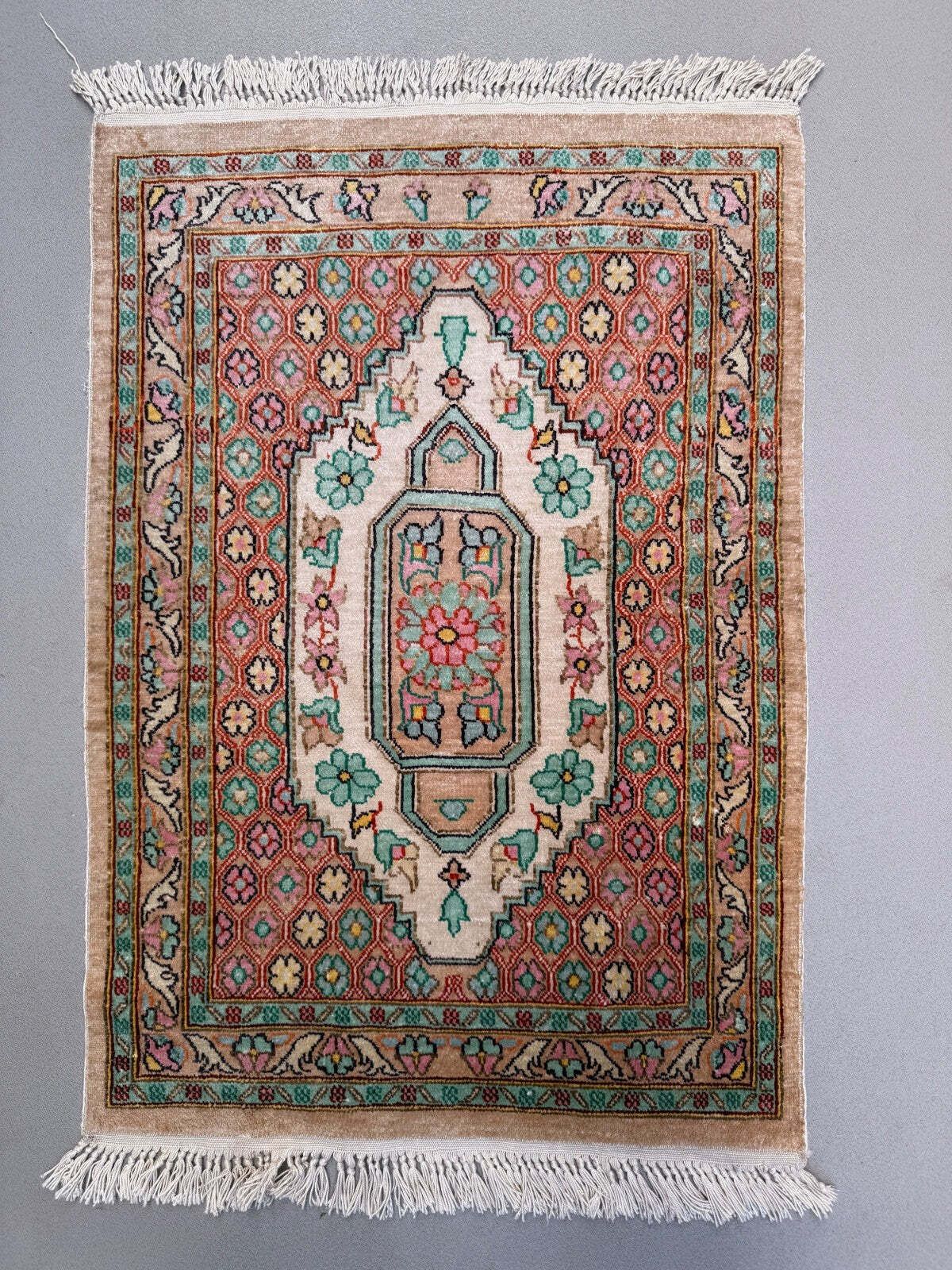 Vintage Kashmir zijden vloerkleed, medaillon floraal 50x75cm handgeknoopt blauwgroen rood