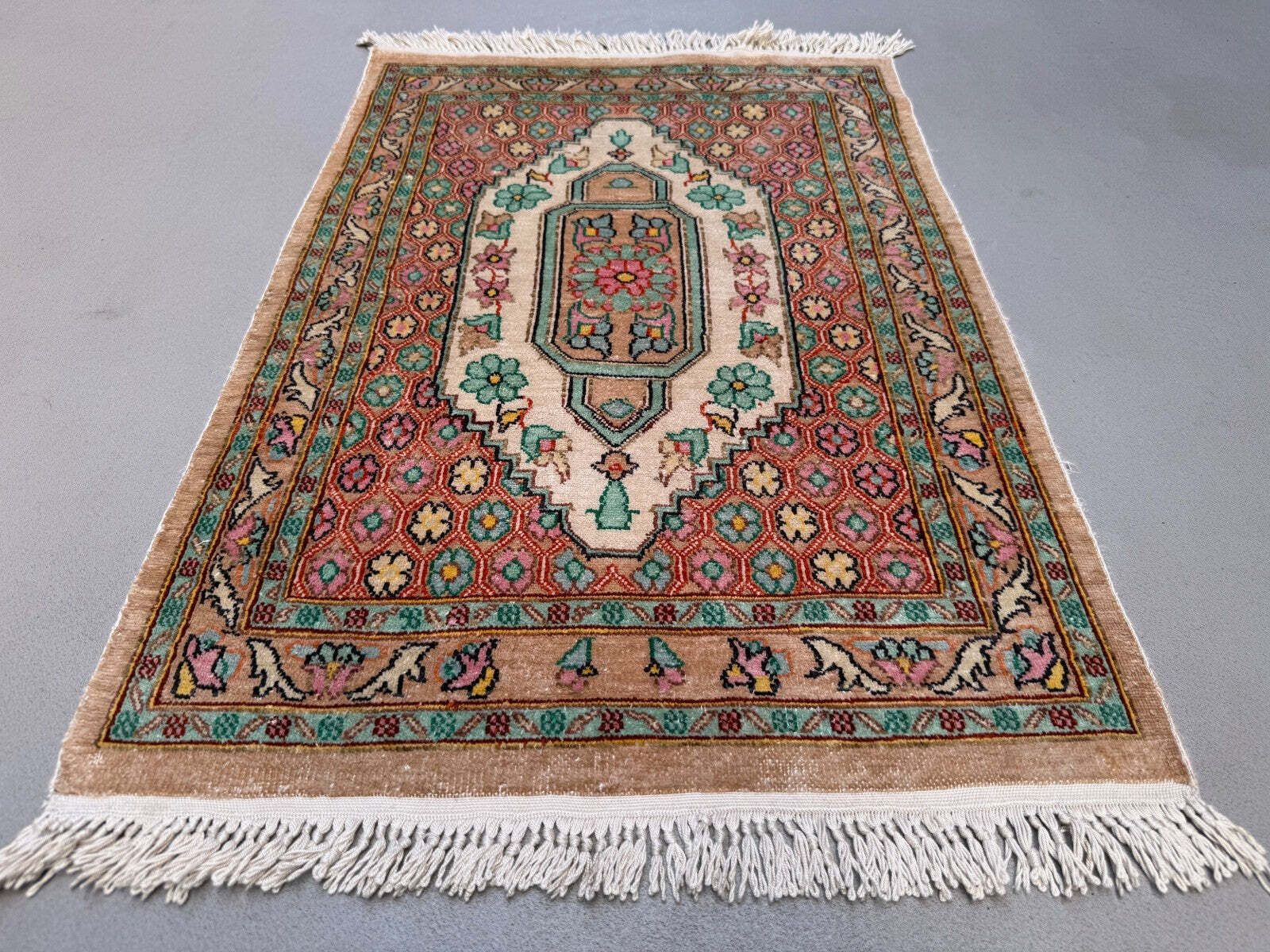Vintage Kashmir zijden vloerkleed, medaillon floraal 50x75cm handgeknoopt blauwgroen rood photo Textiel
