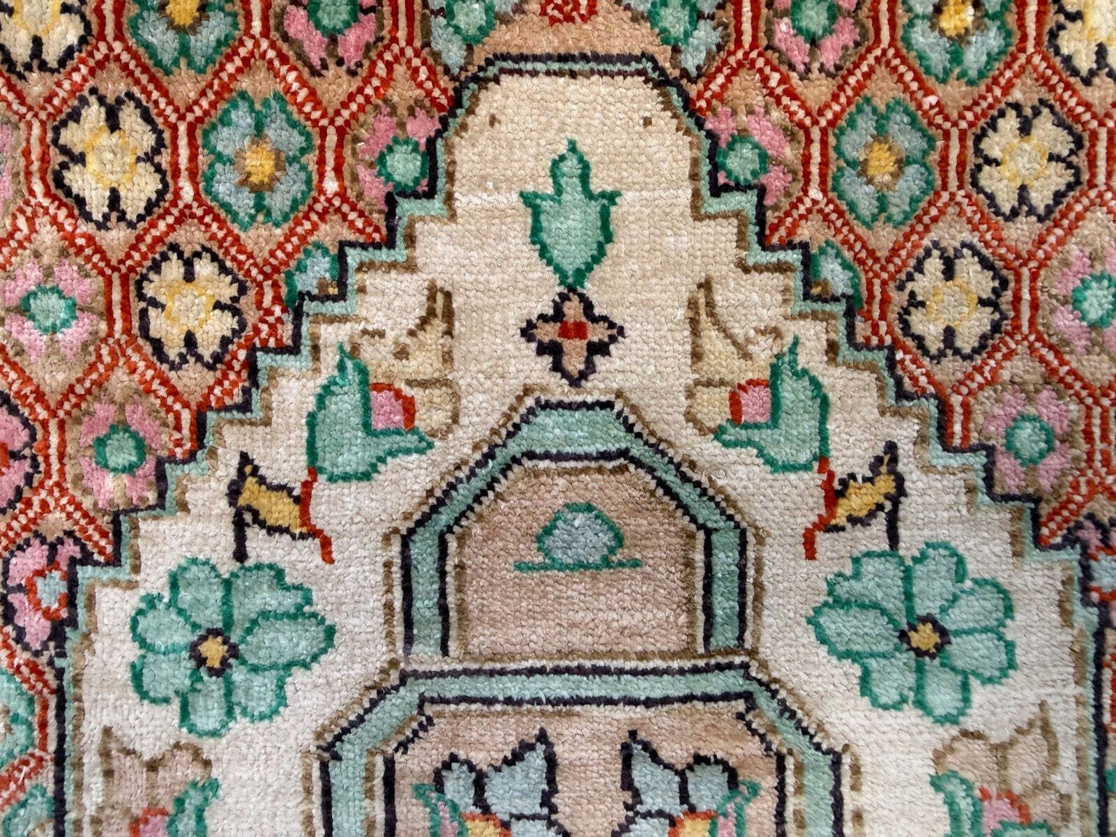 Vintage Kashmir zijden vloerkleed, medaillon floraal 50x75cm handgeknoopt blauwgroen rood photo buy
