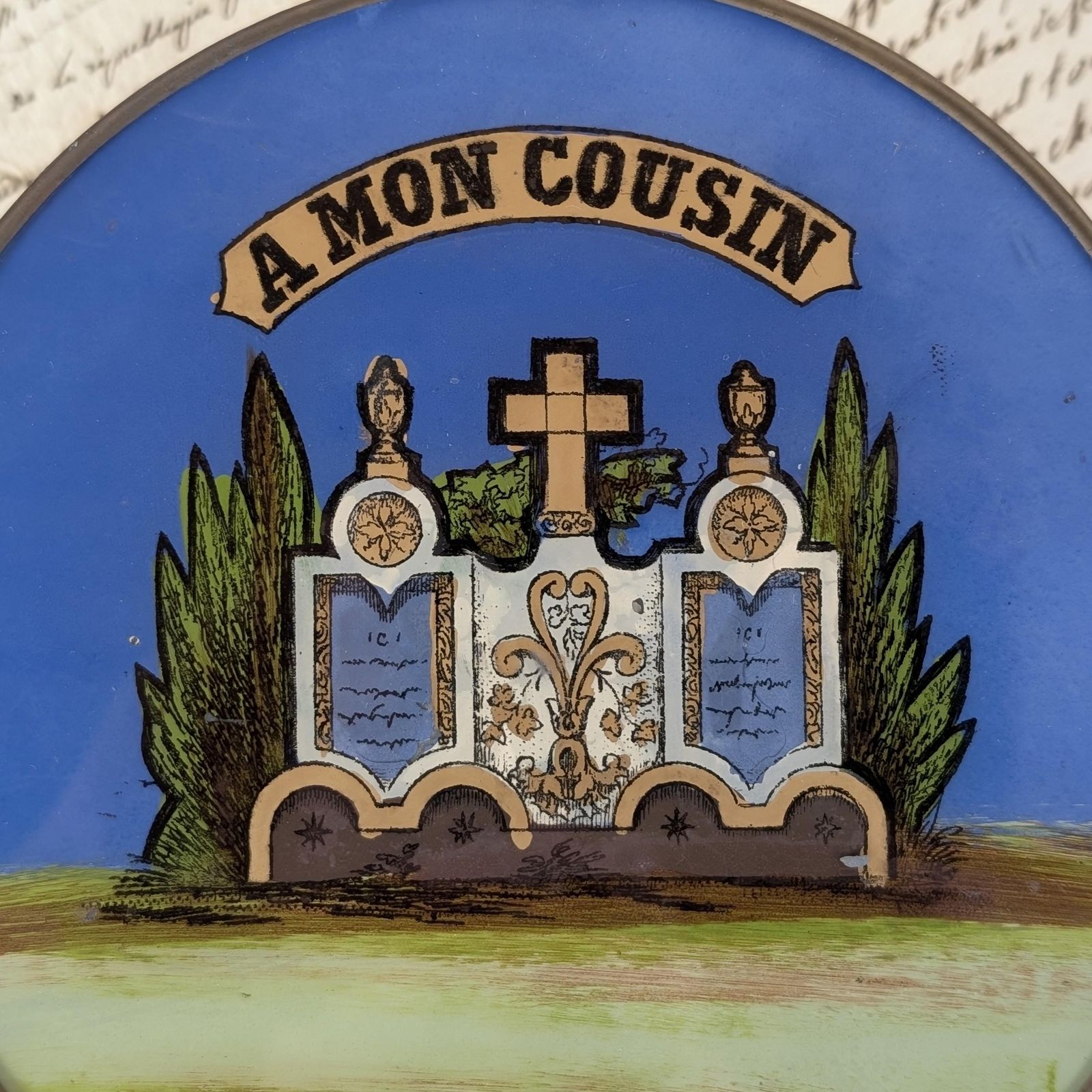 Reverse Glass Mourning Plaque, Antique French Fixé Sous Verre Memorial, A Mon Cousin Tombstone Wall Art, Late 19th Century photo furniture