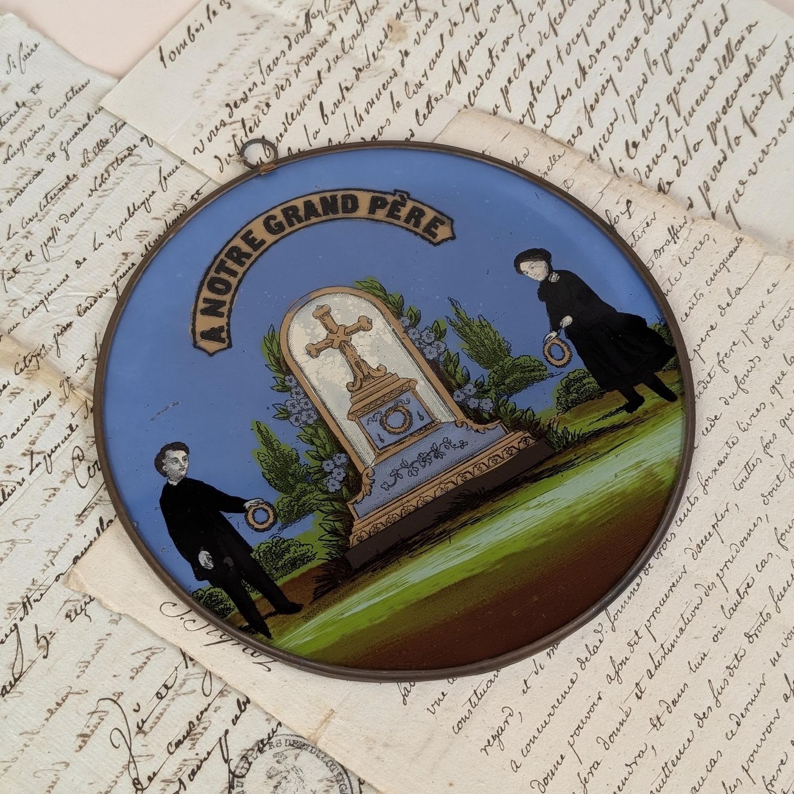 French Reverse Glass Mourning Plaque, Antique Grandfather Memorial Fixé Sous Verre, 19th Century Wall Decor photo 103.0