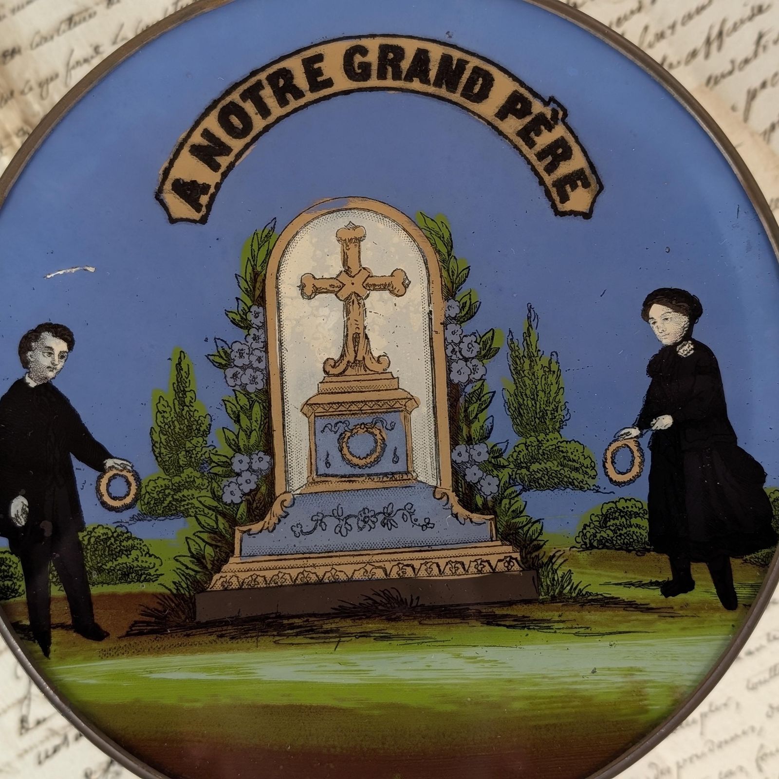 French Reverse Glass Mourning Plaque, Antique Grandfather Memorial Fixé Sous Verre, 19th Century Wall Decor photo vintage