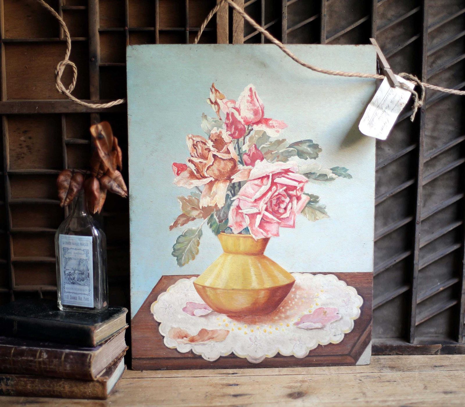 Antique French Roses Oil Painting Still Life Floral Art