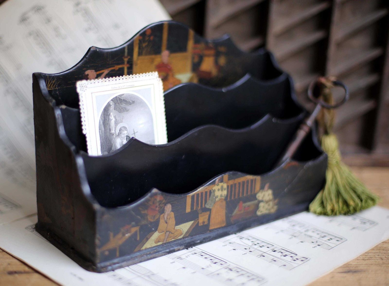 Antique Japanese Black Lacquer Letter Rack Wooden Desk Organizer Holder Storage