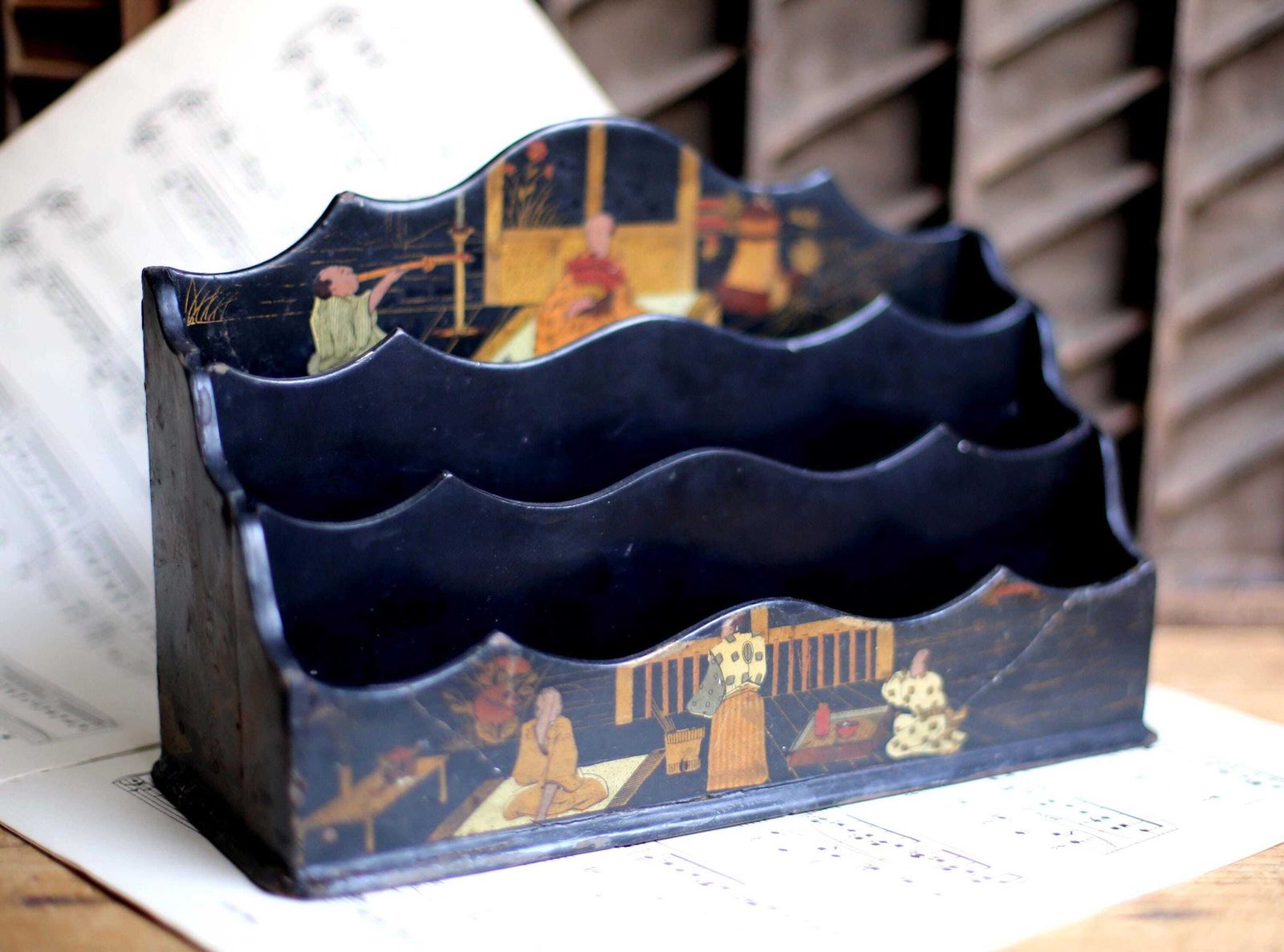 Antique Japanese Black Lacquer Letter Rack Wooden Desk Organizer Holder Storage photo furniture