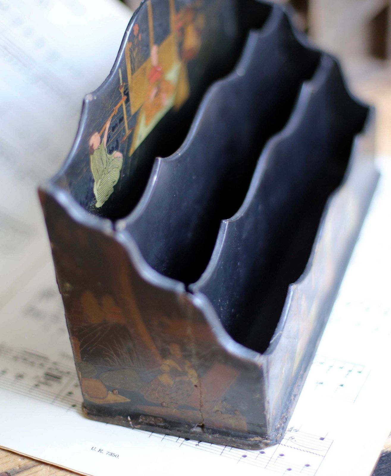 Antique Japanese Black Lacquer Letter Rack Wooden Desk Organizer Holder Storage photo vinterior