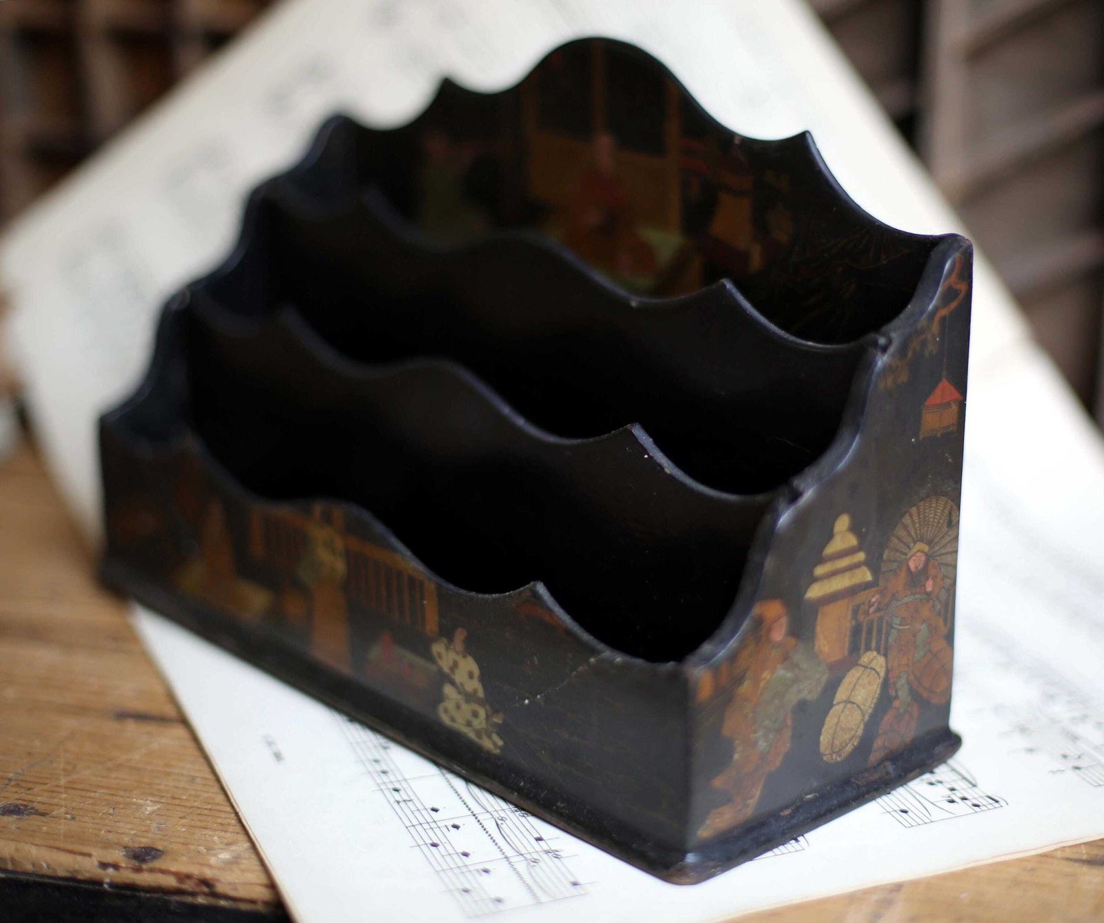 Antique Japanese Black Lacquer Letter Rack Wooden Desk Organizer Holder Storage photo buy
