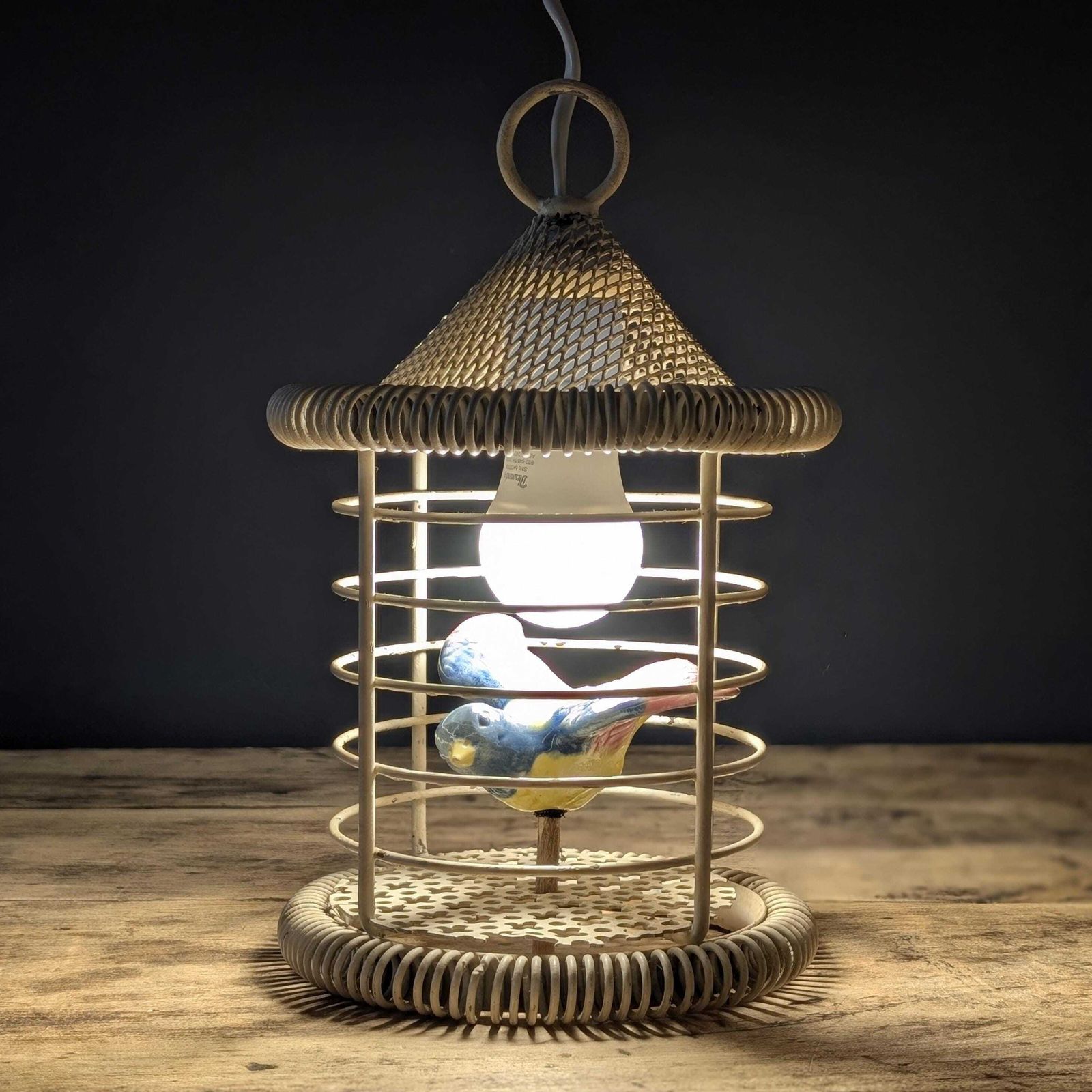 1950s Birdcage Lamp Ceramic Bird, Mid Century Wire Table Light, Hanging Retro Lantern, Eclectic Nursery Decor, Pottery Avian Nightlight photo furniture
